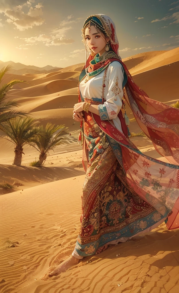 (best quality,4k,8k,highres,masterpiece:1.2),ultra-detailed,(realistic,photorealistic,photo-realistic:1.37),arab girl in arab dresses,ornate and vibrant patterns,expressive eyes and captivating smile,traditional headscarf and jewelry,flowing and intricate designs on the dresses and hijabs,delicate embroidery and beading,graceful posture and confident demeanor,dreamy desert landscape as the background,sunlight casting a warm glow on the scene,artsy and colorful depiction,portraits,rich and earthy color palette,lens flare effects,gorgeous sand dunes in the distance,intertwined culture and tradition,contemporary and traditional fusion,modern take on arab fashion,celebration of diversity and beauty,refined and elegant style,attention to cultural details
