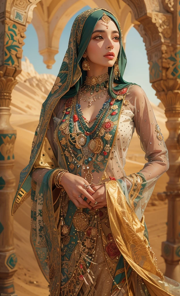 (best quality,4k,8k,highres,masterpiece:1.2),ultra-detailed,(realistic,photorealistic,photo-realistic:1.37),arab girl in arab dresses,ornate and vibrant patterns,expressive eyes and captivating smile,traditional headscarf and jewelry,flowing and intricate designs on the dresses and hijabs,delicate embroidery and beading,graceful posture and confident demeanor,dreamy desert landscape as the background,sunlight casting a warm glow on the scene,artsy and colorful depiction,portraits,rich and earthy color palette,lens flare effects,gorgeous sand dunes in the distance,intertwined culture and tradition,contemporary and traditional fusion,modern take on arab fashion,celebration of diversity and beauty,refined and elegant style,attention to cultural details
