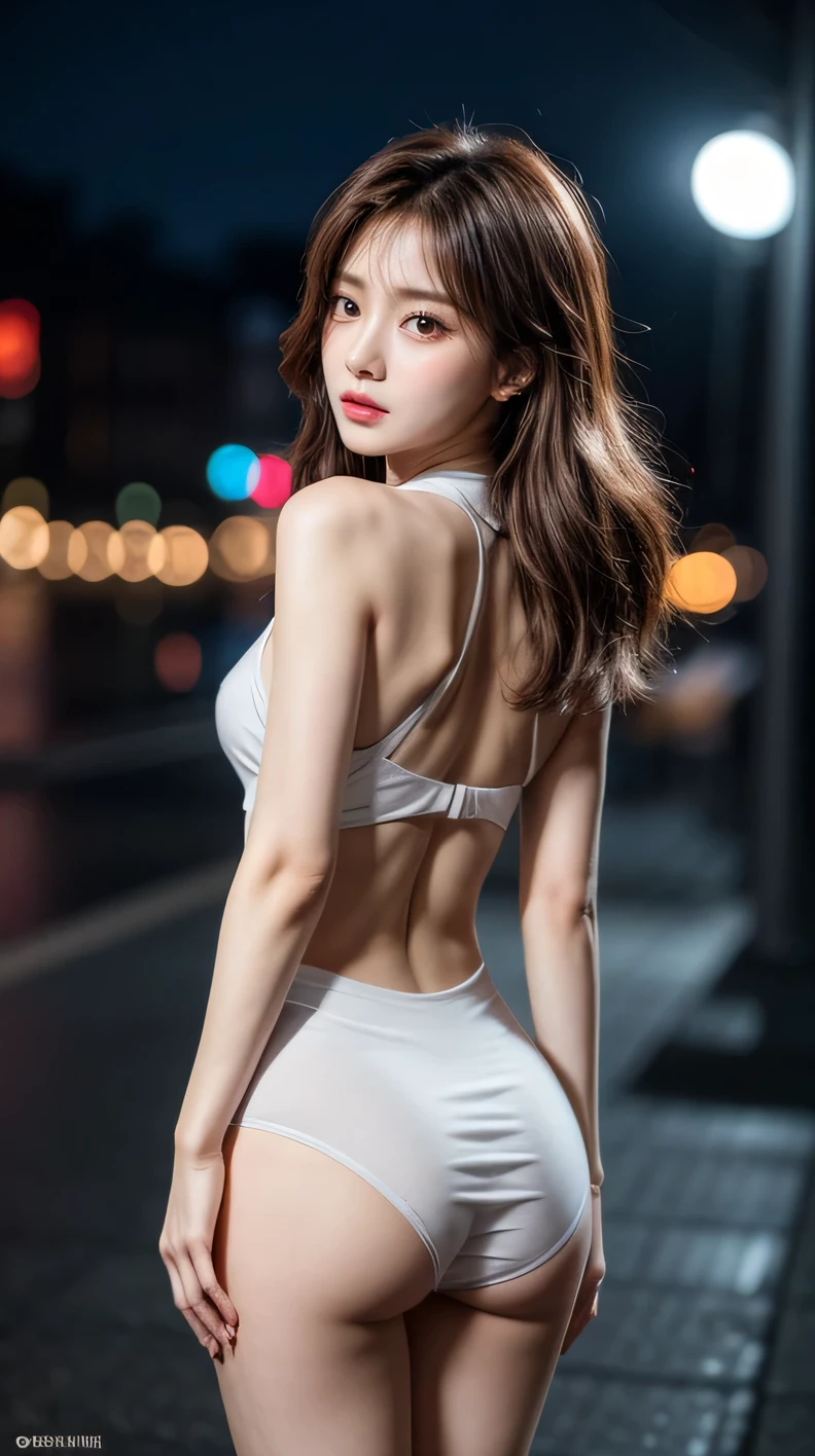 ((best quality, 8k, masterpiece: 1.3)), focus: 1.2, Wearing a emerald red cheongsam,8k ultra high definition,masterpiece级别的作品,RAW format photos,best picture quality,extreme details(1.2):Realistic reproduction,8K resolution unifies extremely detailed CG,8K diamond level exquisiteness,Wallpaper-like visual impact,Has deep depth of field、Layered light and shadow effects、Lens flash、Ray tracing technology(Amazingly beautiful face、beautiful lips、beautiful eyes),The facial details are extremely delicate(Skin texture is extremely delicate)——Depicting Korean female models,in the dark night,in deep shadow,Charming Korean girl,Just like a K-pop idol(Extremely slim and tight figure:1.3),Shown from the audience’s perspective,bun hair,Exquisite waistline,navel-baring outfit,(Tennis suit set:1.5),Short clothing tailoring design,city night view,neon lights,Beautiful Korean girl in dark night atmosphere,Wear pearl stud earrings、lace pantyhose,eyes clear and bright,Walking posture,Has fair skin,Look directly at the front of the camera,Big eyes full of charm(Upper body close-up),A while,Back close-up,The overall image is extremely slim、Slim and elegant,Exquisite facial features,She looks a lot like actor Kim Hee Sun