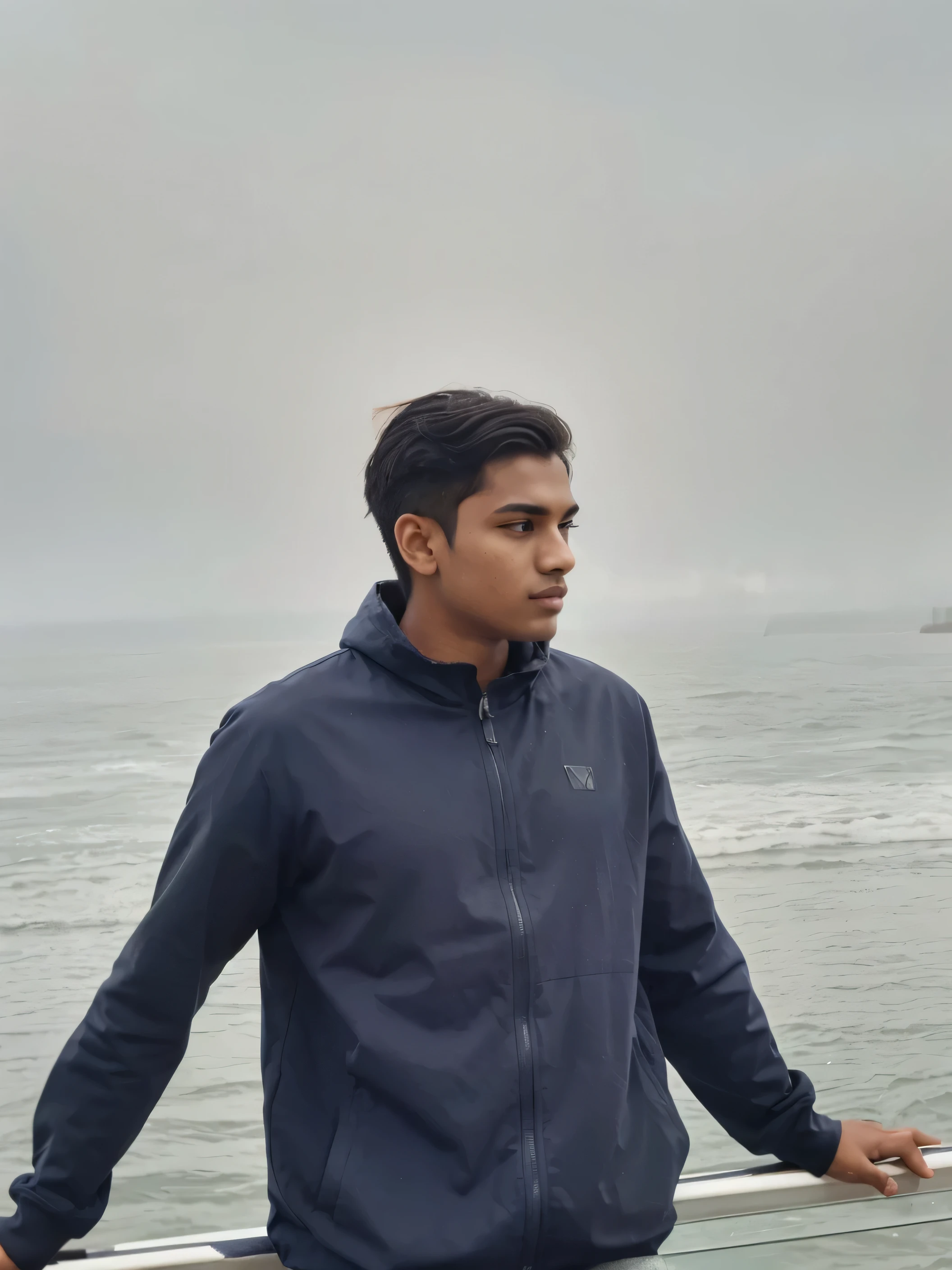 A 20-year-old Indian boy with a masculine body. The model has a charismatic expression. the model has a short wavy hairstyle. The model is standing on a glass deck. The background of the model is a large and long river and dense fog sky. The river is meeting the sky at the horizon in the background. The environment is full of dense fog in the winter and rainy weather. The model is wearing a dark sea-green sweatshirt (no hoodie) with New York written on it and a dark bottle-green pant.Photography Equipment: Phase One IQ4 150MP Camera, Schneider Kreuznach 80mm LS f/2.8 lens. Camera Settings: ISO 50, 1/500th second shutter speed, aperture f/5.6.Image Specifications: 16-bit RAW format.Composition Techniques: Rule of Thirds for a Balanced Model and Horizontal Arrangement. Post-Processing: Enhance natural colors, focus on the model, fog in the background, and gown texture.Final Output: 12K resolution, ultra-realistic style with artistic touch, scale setting of 750., photorealistic, photorealistic