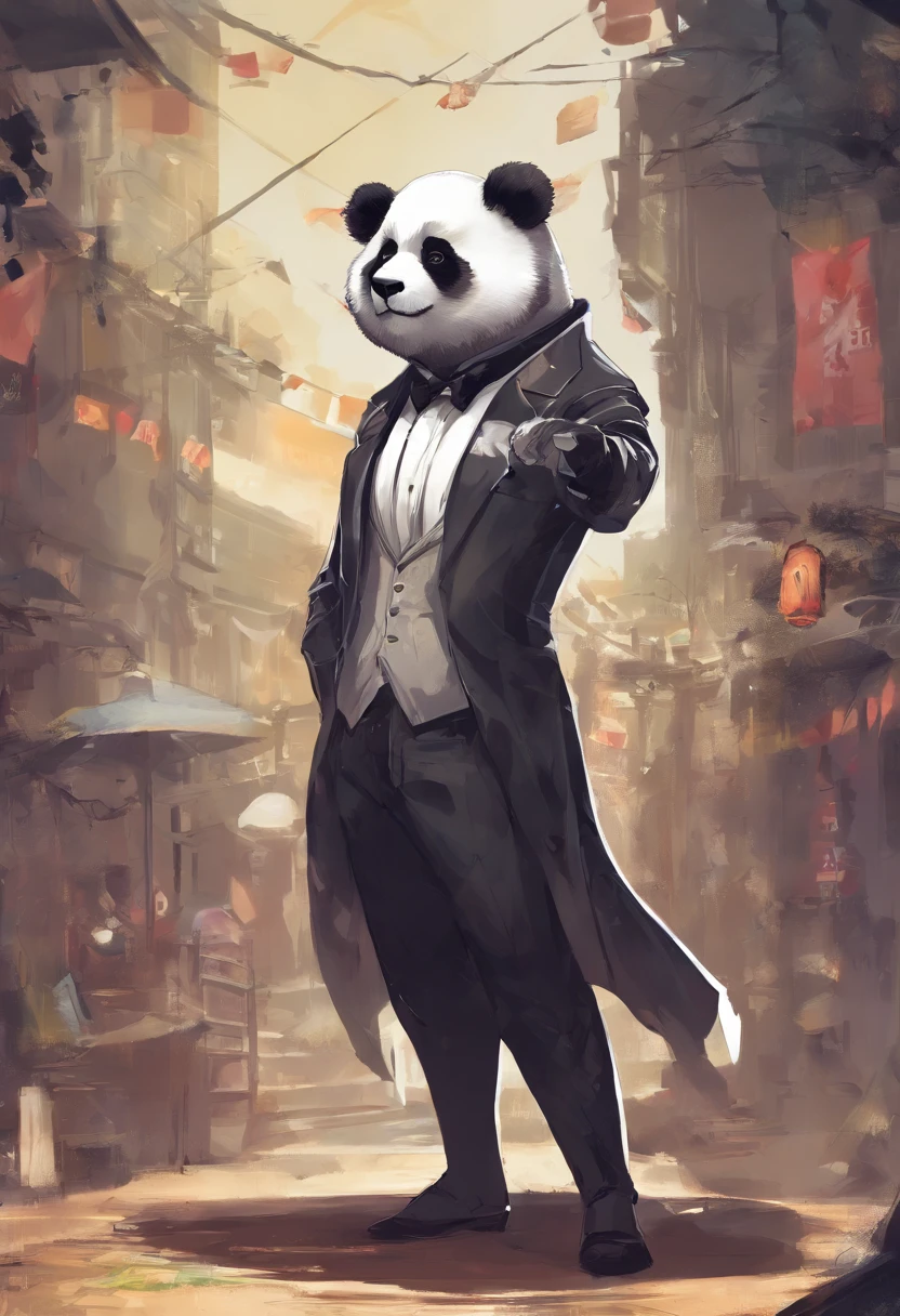 anthropomorphic panda, de cuerpo entero, vestido formalmente con un blazer, sostiene una bandeja, pegatina de panda, sticker de panda.