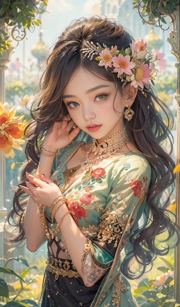 (best quality,4k,8k,highres,masterpiece:1.2),ultra-detailed,(realistic,photorealistic,photo-realistic:1.37),arab girl in arab dresses,ornate and vibrant patterns,expressive eyes and captivating smile,traditional headscarf and jewelry,flowing and intricate designs on the dresses and hijabs,delicate embroidery and beading,graceful posture and confident demeanor,dreamy desert landscape as the background,sunlight casting a warm glow on the scene,artsy and colorful depiction,portraits,rich and earthy color palette,lens flare effects,gorgeous sand dunes in the distance,intertwined culture and tradition,contemporary and traditional fusion,modern take on arab fashion,celebration of diversity and beauty,refined and elegant style,attention to cultural details
