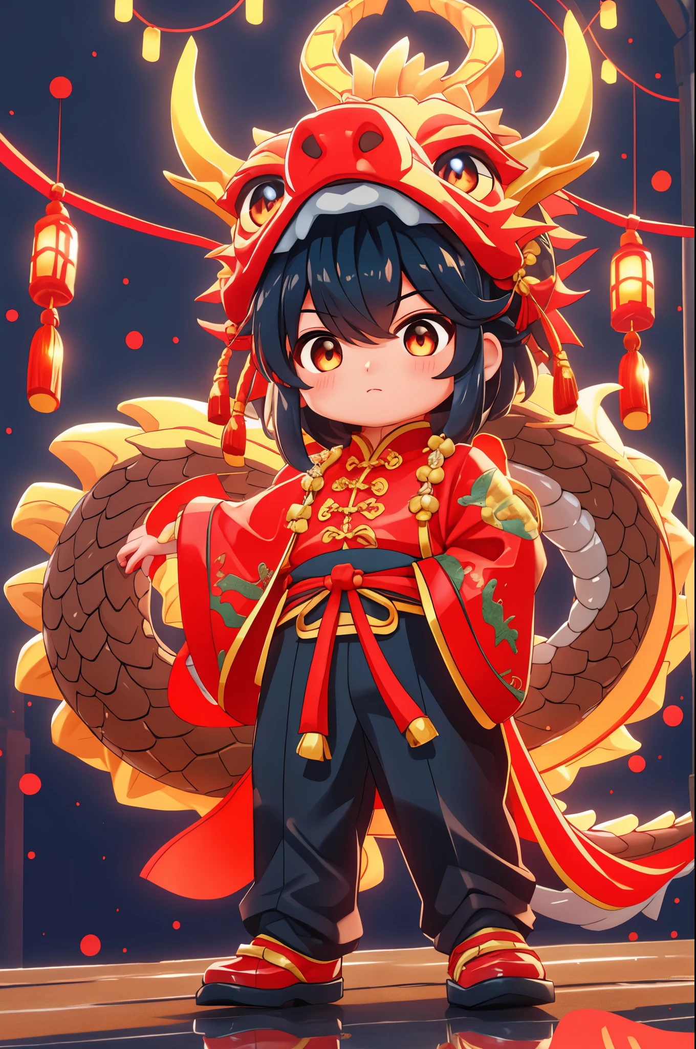 A dragon surrounds this  boy，New Year，Spring Festival，Chinese style，joy