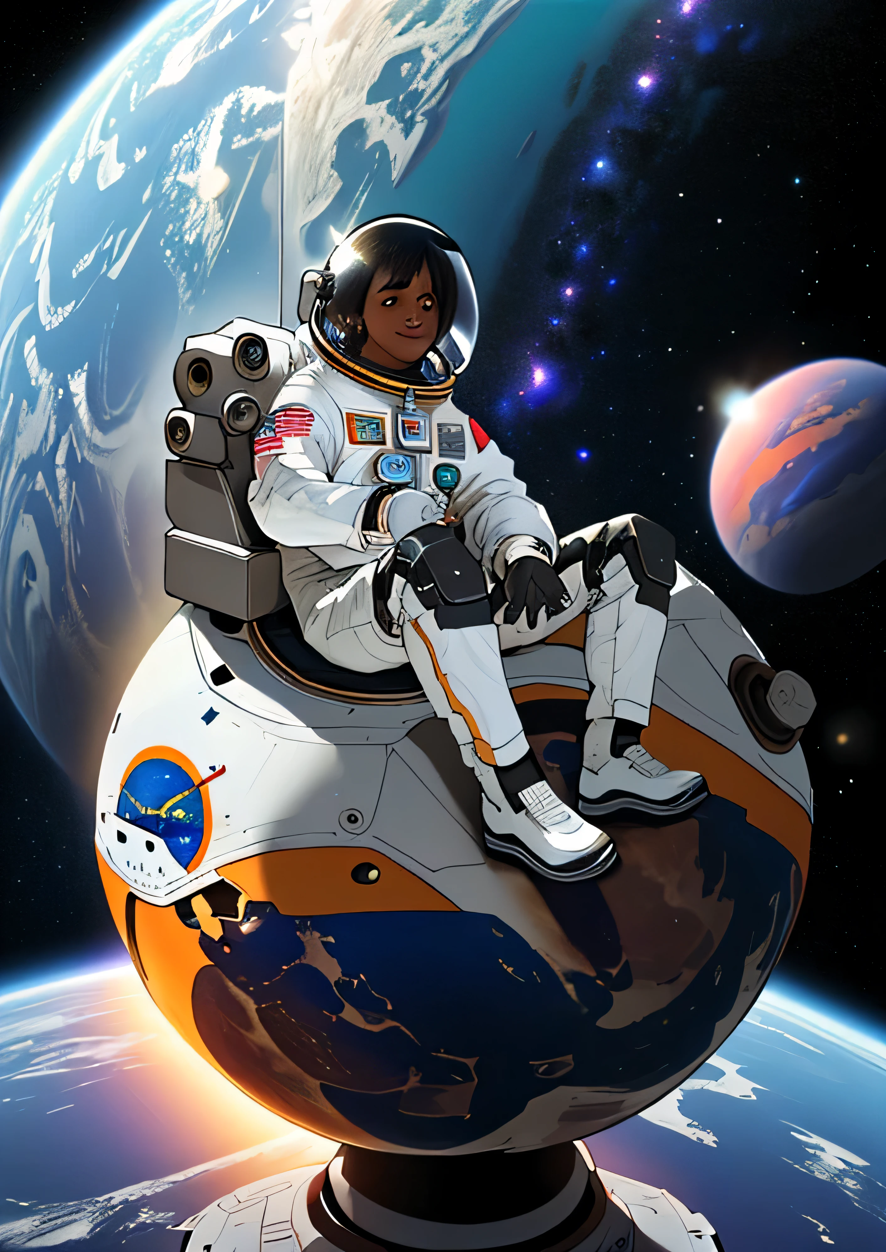 astronaut, sitting on planet, galaxy background