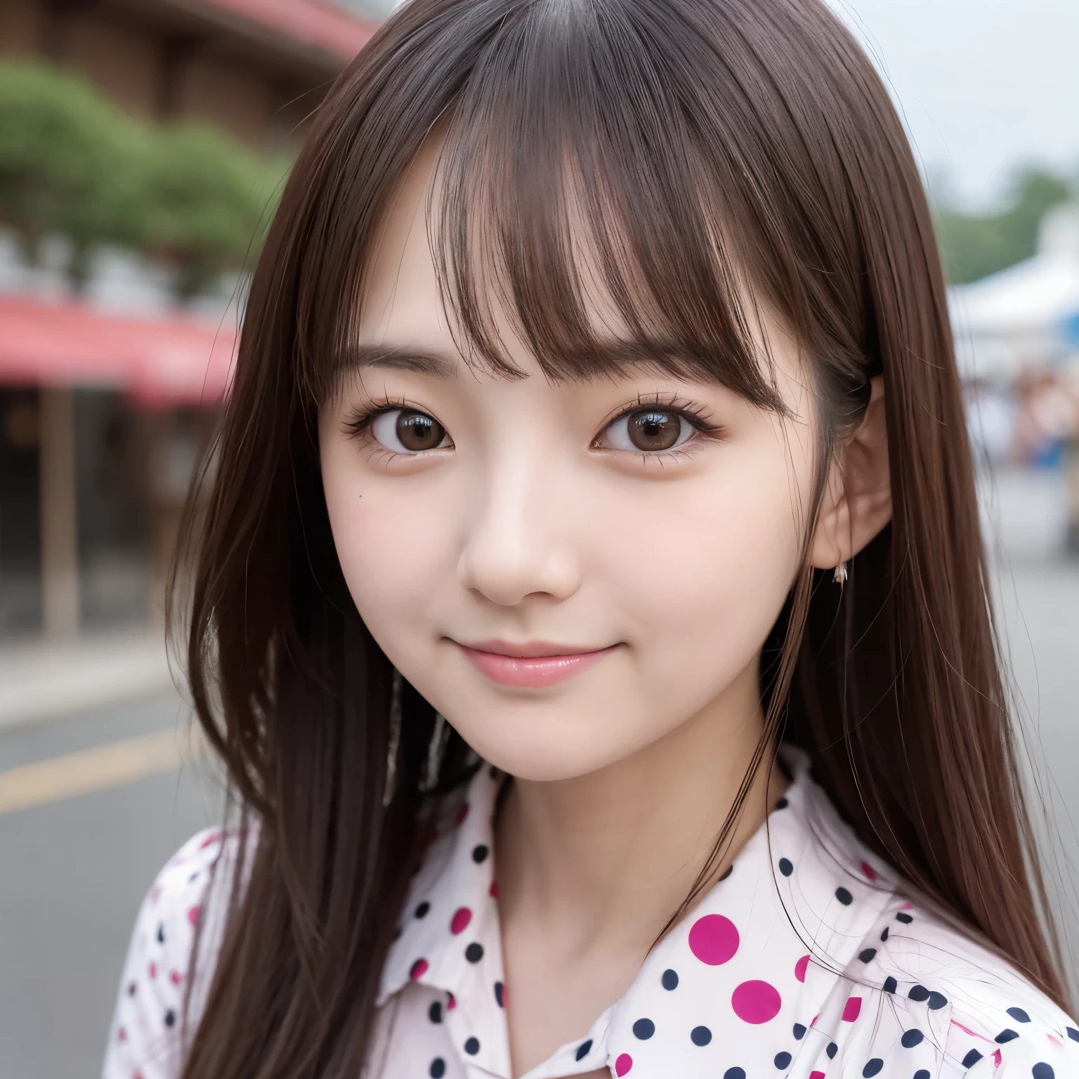 there is a woman with long hair wearing a polka dot shirt, 奈良美智, sakimichan, with small nose, chiho, with accurate face, cute natural anime face, japanese facial features, clear cute face, kawaii realistic portrait, asian face, 8k selfie photograph, soft makeup,smile