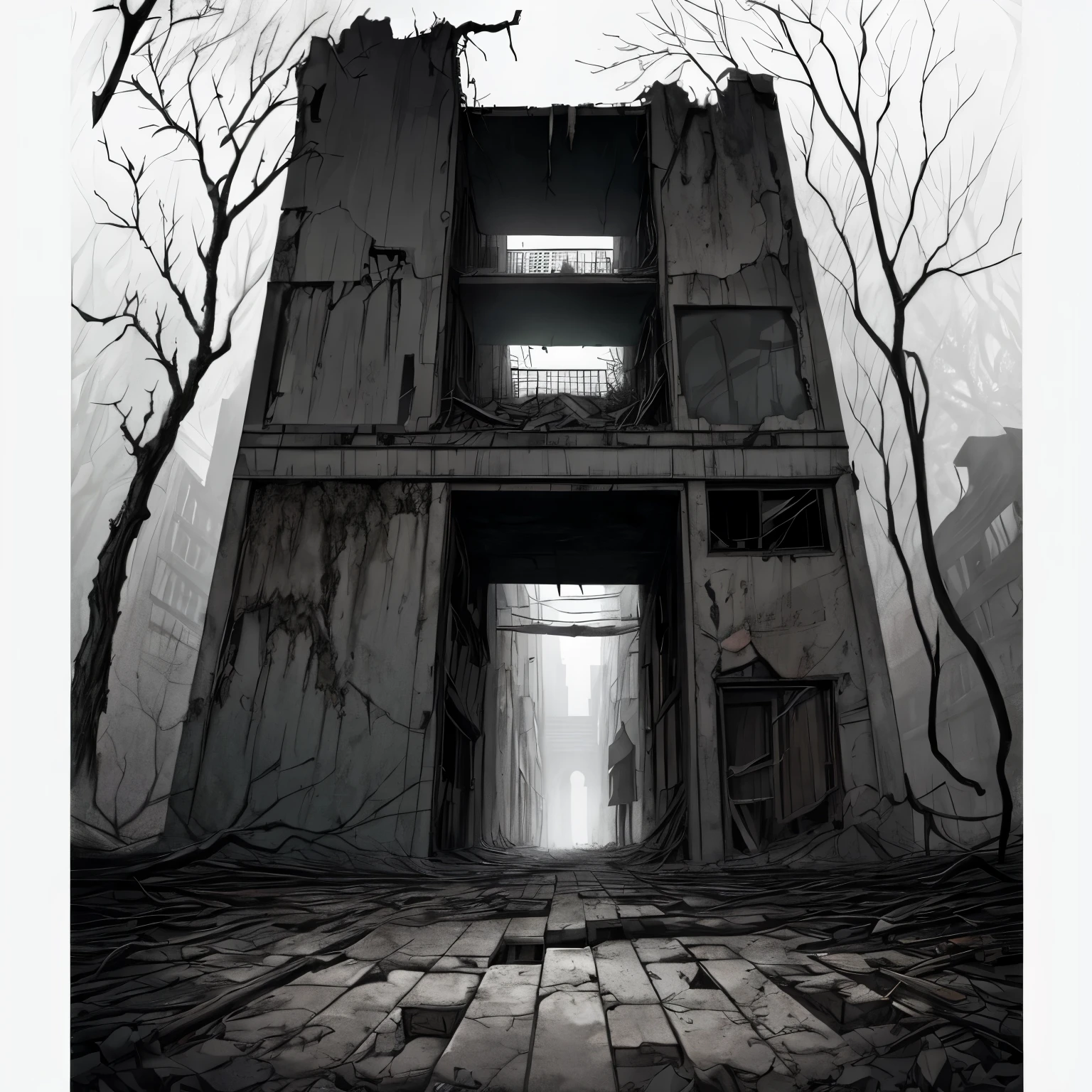 The eerie photograph unveils a scene of urban desolation, capturing a city shrouded in an unsettling atmosphere. Tall, derelict buildings loom like towering specters over the lifeless streets, their windows boarded up and cracked, exuding a sense of abandonment and neglect.
In the foreground, a once bustling thoroughfare now lies eerily empty, with discarded debris strewn across the cracked pavement. A lone streetlight, its flickering glow casting elongated shadows, imparts a surreal and unnerving ambiance to the scene.
Toward the back of the photograph, a grand, dilapidated structure stands as a haunting reminder of the city's former glory. Its ornate façade, now marred by neglect and decay, seems to exude an air of silent melancholy, as if mourning the loss of its former vitality.
At the heart of the image, a tangle of overgrown foliage seems to reclaim the concrete jungle, encroaching upon the once bustling urban landscape. The twisted vines and gnarled branches create a surreal juxtaposition, as nature's persistent advance clashes with the city's forgotten grandeur.
In the distance, a dense fog blankets the cityscape, enveloping the structures in a murky shroud and obscuring their features, lending an unsettling and otherworldly quality to the photograph.
The photograph encapsulates an undeniable sense of unease, evoking an impression of a city frozen in time, caught between its former glory and present state of eerie desolation. Within this haunting tableau, a palpable aura of abandonment and decay permeates the very essence of the city, leaving an indelible imprint on the viewer's imagination.