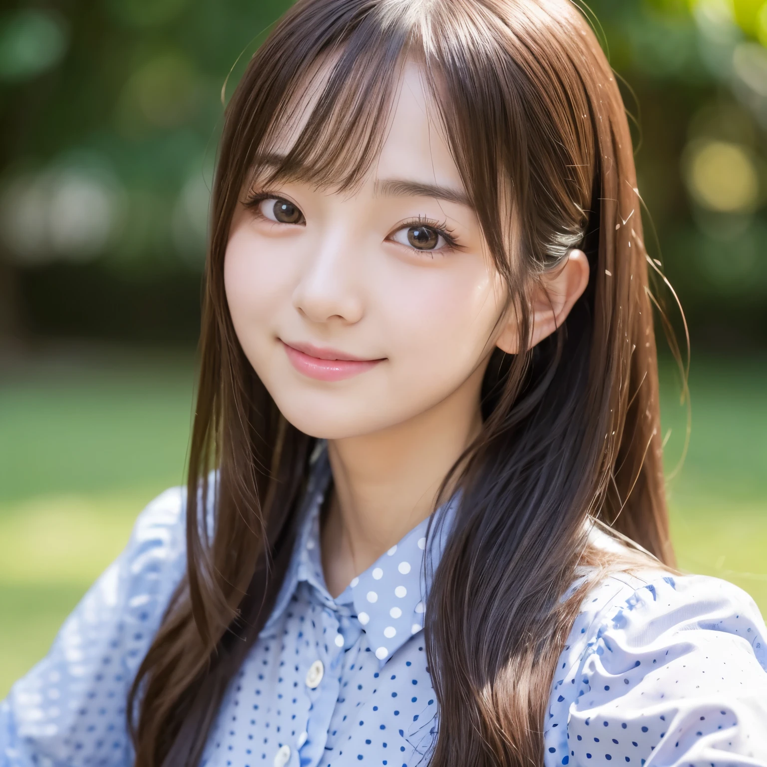 there is a woman with long hair wearing a polka dot shirt, 奈良美智, sakimichan, with small nose, chiho, with accurate face, cute natural anime face, japanese facial features, clear cute face, kawaii realistic portrait, asian face, 8k selfie photograph, soft makeup,smile