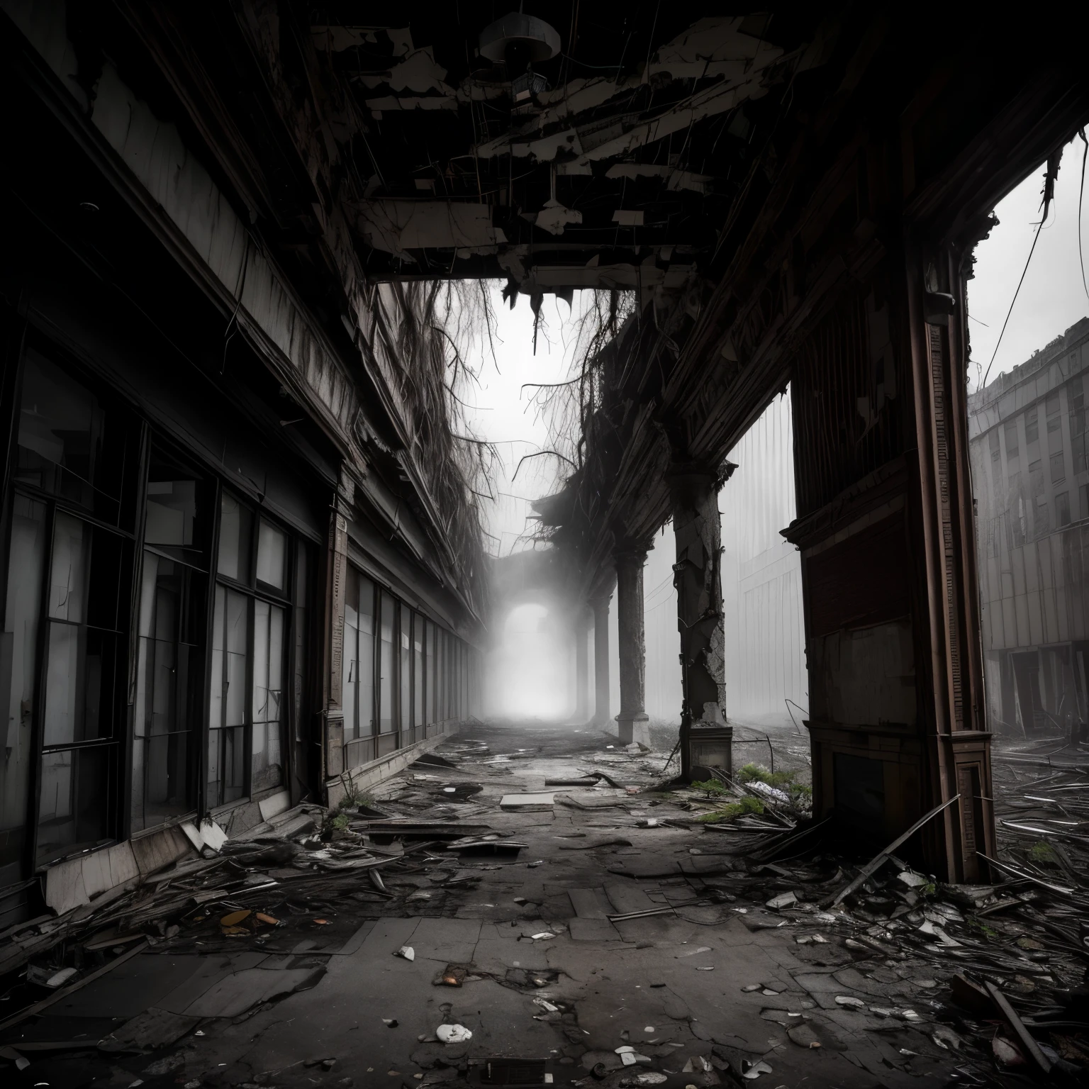 The eerie photograph unveils a scene of urban desolation, capturing a city shrouded in an unsettling atmosphere. Tall, derelict buildings loom like towering specters over the lifeless streets, their windows boarded up and cracked, exuding a sense of abandonment and neglect.

In the foreground, a once bustling thoroughfare now lies eerily empty, with discarded debris strewn across the cracked pavement. A lone streetlight, its flickering glow casting elongated shadows, imparts a surreal and unnerving ambiance to the scene.

Toward the back of the photograph, a grand, dilapidated structure stands as a haunting reminder of the city's former glory. Its ornate façade, now marred by neglect and decay, seems to exude an air of silent melancholy, as if mourning the loss of its former vitality.

At the heart of the image, a tangle of overgrown foliage seems to reclaim the concrete jungle, encroaching upon the once bustling urban landscape. The twisted vines and gnarled branches create a surreal juxtaposition, as nature's persistent advance clashes with the city's forgotten grandeur.

In the distance, a dense fog blankets the cityscape, enveloping the structures in a murky shroud and obscuring their features, lending an unsettling and otherworldly quality to the photograph.

The photograph encapsulates an undeniable sense of unease, evoking an impression of a city frozen in time, caught between its former glory and present state of eerie desolation. Within this haunting tableau, a palpable aura of abandonment and decay permeates the very essence of the city, leaving an indelible imprint on the viewer's imagination.