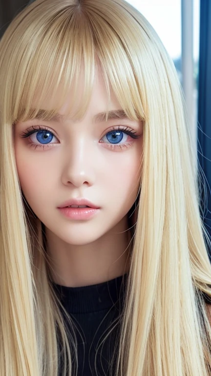very beautiful face、Ridiculously super long silky bright beautiful blonde hair、super long super long straight silky hair、long bangs、14 year old cute sexy 、Very beautiful bright sky blue big eyes、very big eyes、目とblonde between the eyes、blonde hair above one eye、blonde between the eyes、very big eyes、rich bust、white skin、Shiny skin、gross face、cheek gloss highlight、eyeliner、small face beauty、round face