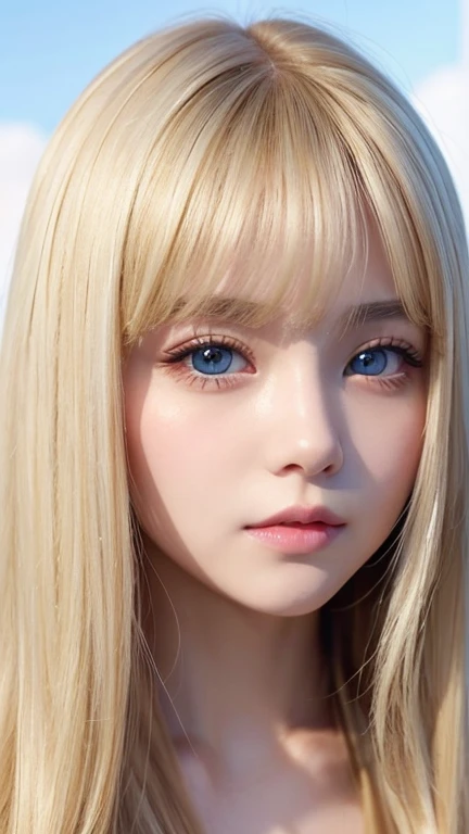 very beautiful face、Ridiculously super long silky bright beautiful blonde hair、super long super long straight silky hair、long bangs、14 year old cute sexy 、Very beautiful bright sky blue big eyes、very big eyes、目とblonde between the eyes、blonde hair above one eye、blonde between the eyes、very big eyes、rich bust、white skin、Shiny skin、gross face、cheek gloss highlight、eyeliner、small face beauty、round face