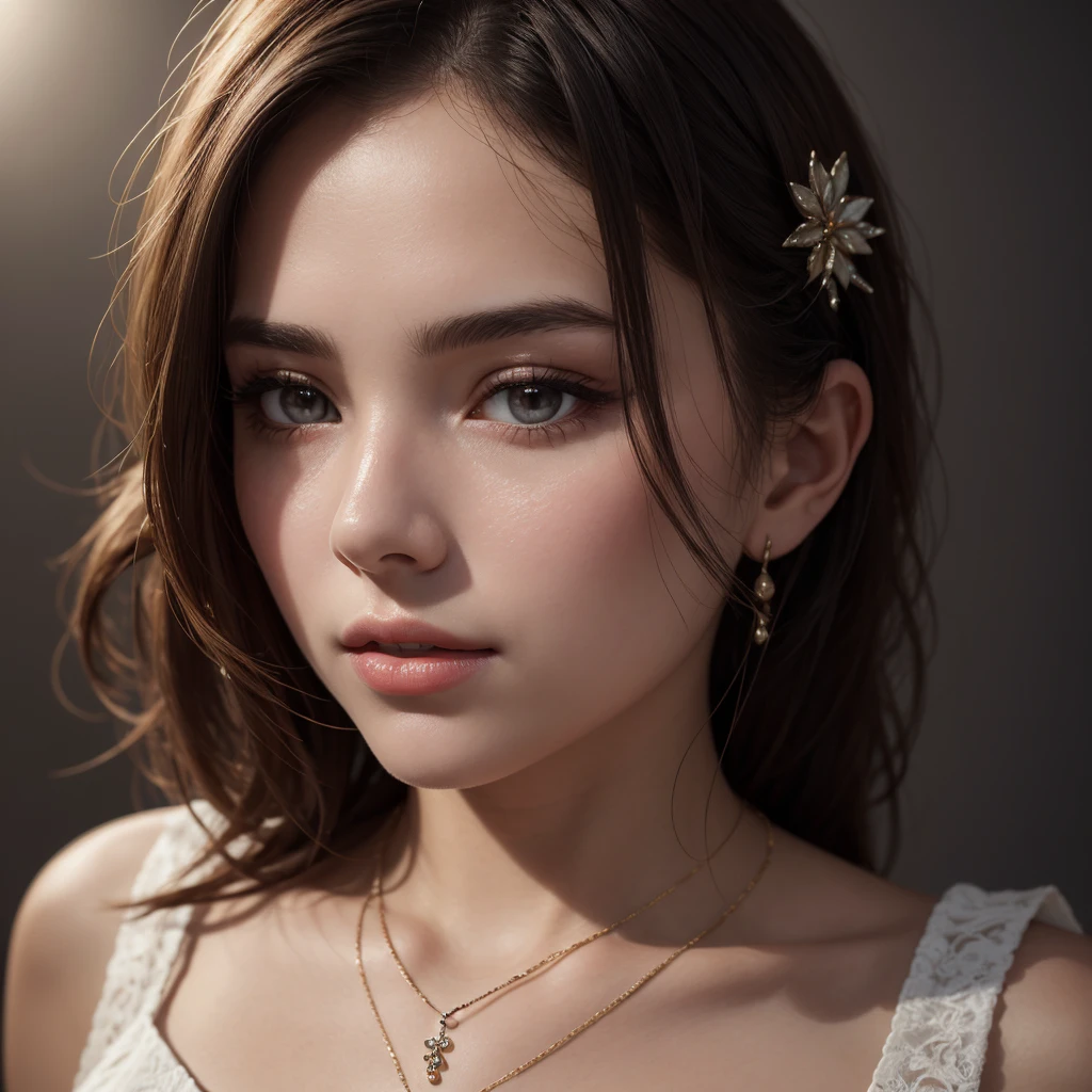 Best quality, masterpiece, high resolution, 1girl, porcelain dress, hair accessories, necklace, jewelry, beautiful face, on the body, Tyndall effect, realistic, dark studio, edge lighting, two-tone lighting, (high detail skin: 1.2), 8k UHD, dslr, soft light, high quality, volumetric light, candid, photo, high resolution, 4k, 8k, background blur,