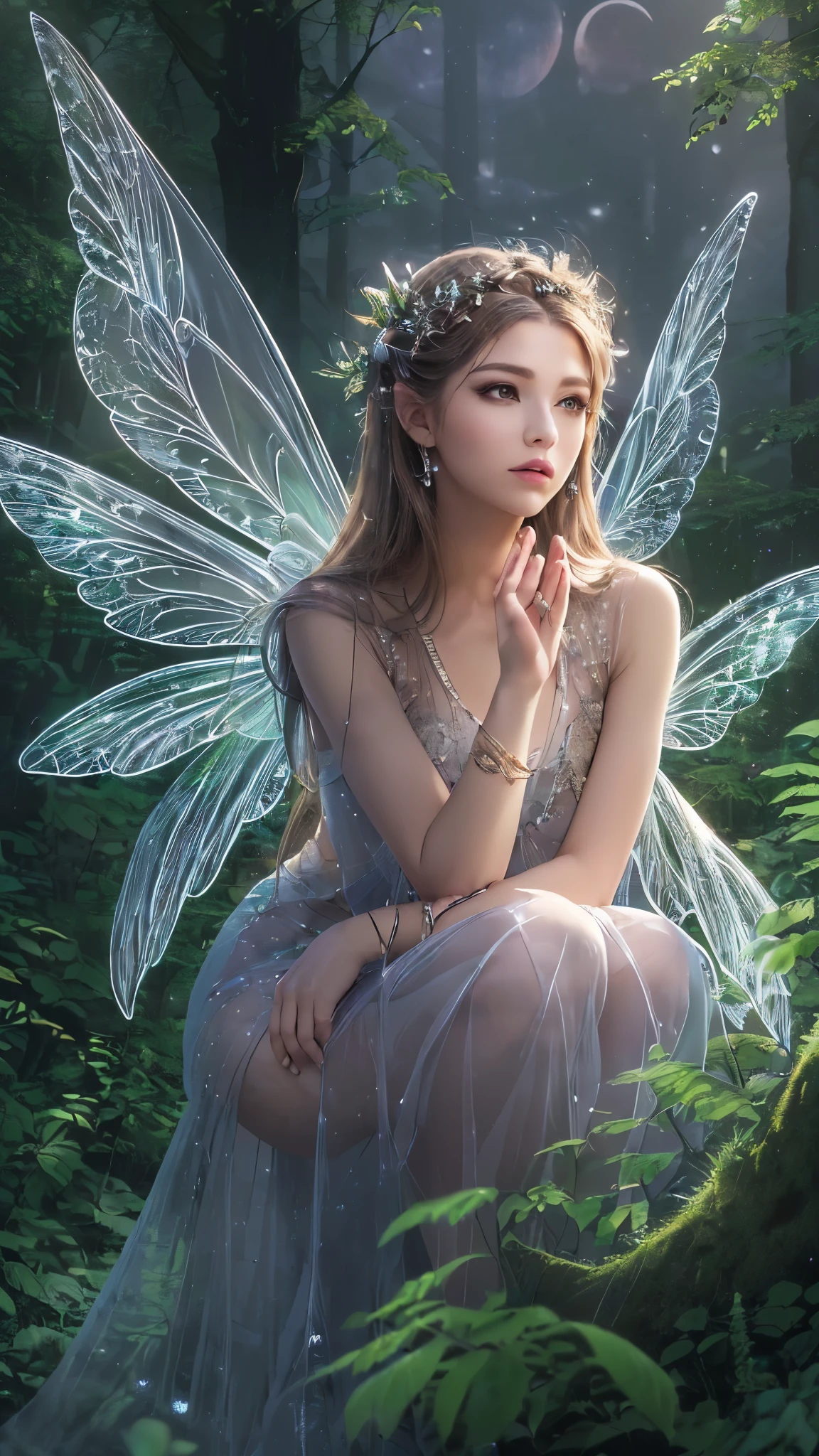 ((highest quality)),(ultra high resolution),(Super detailed),(detailed description),((best CG)),(best work of art),super precision art,great drawing art,(Fantasy art with precise details:1.5), (one female fairy:1.5),,Beautiful face 1.5,natural makeup:1.6,((transparent wings:1.6)),((offer a prayer:1.6), (((moonlit night in the forest:1.6))),((clear spring:1.6))