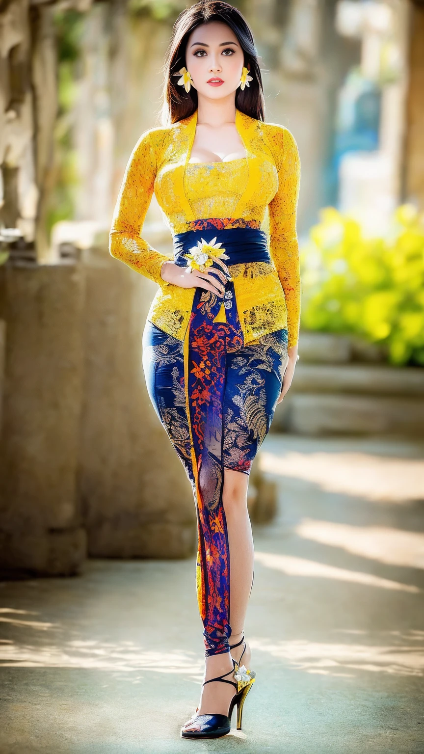 (8k, RAW photo, best quality, masterpiece:1.2),woman, portrait of woman wearing blue_kebaya_bali in traditional black long kebaya, red lipstick, gold necklace, earrings, decoration, detail, flowers, blurred background, soft focus,SFW:1.3),(Full Body:1.7),(cute face:1.3),(big breasts:1.5),(high heels:1.3),(big hips1.4), (big thighs:1.3),(covered breasts:1.3),(bust cleavage:1.1),(lipgloss:1.3),(Cute eyes:1.3),(Red lips:1.3),(Smooth skin texture:1.3),( Precise and perfect human anatomy: 1.3),(Beautiful and perfect facial features: 1.3), (Long eyelashes: 1.3),(Red lips: 1.3),(Shiny and textured lips: 1.3),(Smooth skin texture: 1.3),(earrings: 1.3),(Beautiful detailed eyes: 1.3),(Natural Color Lips: 1.3),(Beautiful face: 1.3),(look straight into the camera:1.3),((kebaya_bali,green_kebaya_bali,orange_kebaya_bali,blue_kebaya_bali,blue_kebaya_bali,black_kebaya_bali,white_kebaya_bali,yellow_kebaya_bali,white flower,black flower))