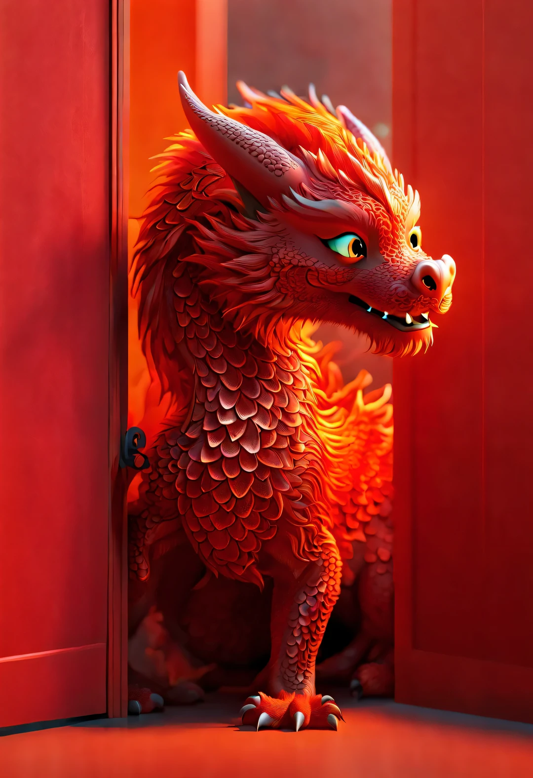 3d rendering, realistic fur, red wallpaper, Simple modern style, beautiful wallpaper. A naughty red-orange zodiac dragon baby peeks out from behind the door, Make dynamic hidden actions. Beijing, 🦑  design