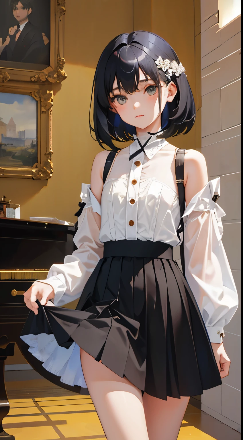 (short cute girl， young studeg delicate girl）,（masterpiece，Top quality)，patterned skirt，skirt lift，Pinching skirts，long black hair