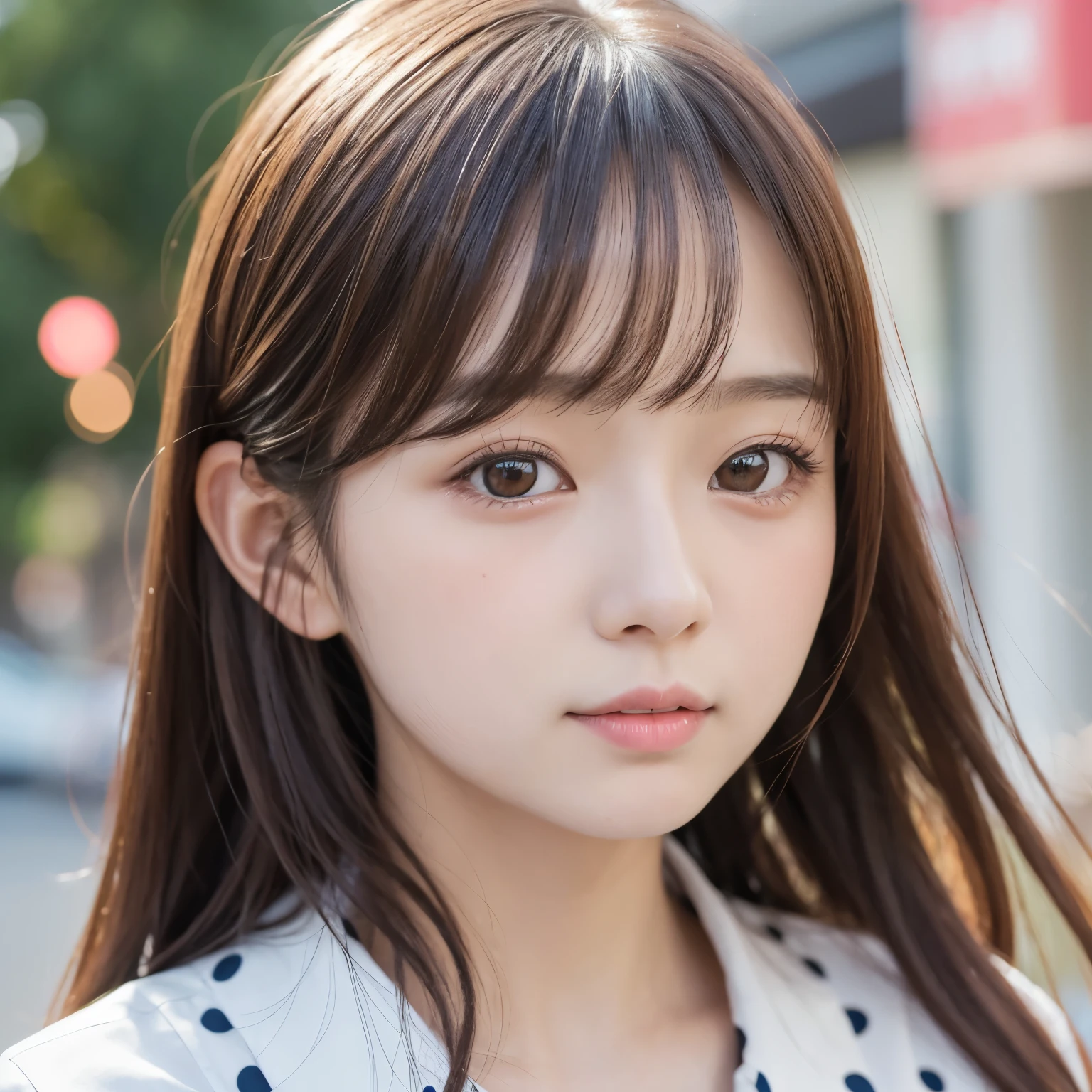 there is a woman with long hair wearing a polka dot shirt, 奈良美智, sakimichan, with small nose, chiho, with accurate face, cute natural anime face, japanese facial features, clear cute face, kawaii realistic portrait, asian face, 8k selfie photograph, soft makeup
