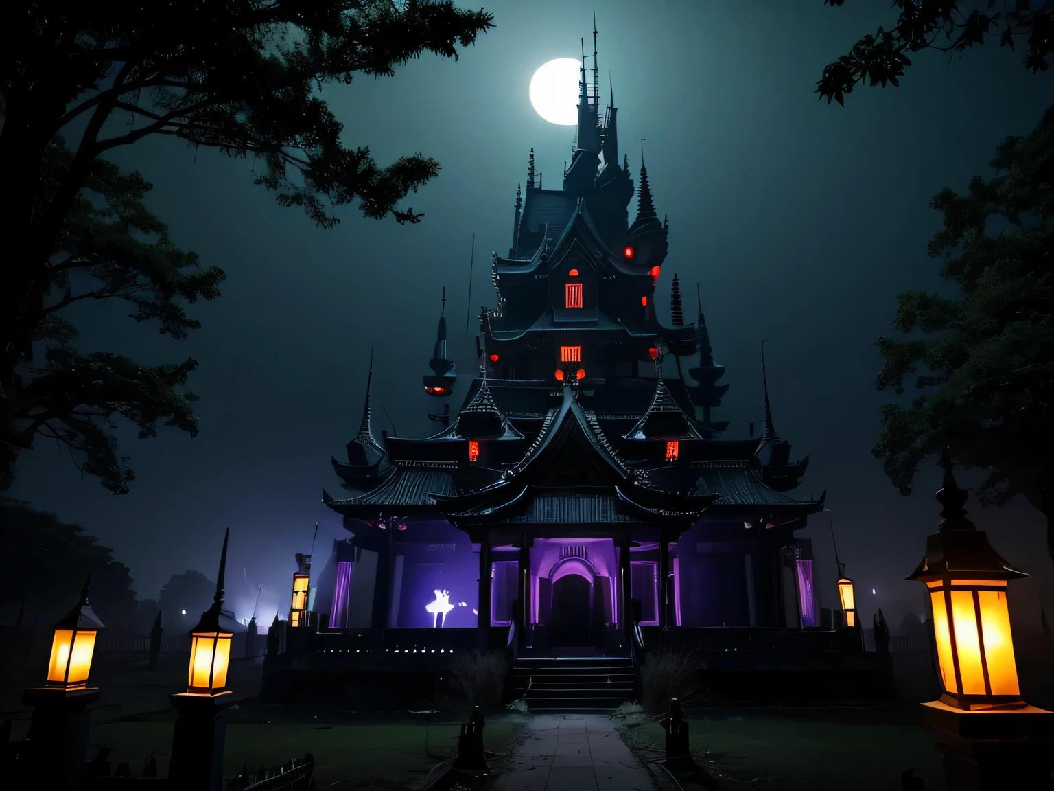 Spooky place,dark night,dark的建筑物,a dead tree, ((Terror Castle)). mystery, Weird filter applied, temple, grave,memorable!, Ghost Museum, abandoned sky city, Spooky breath,dark,dim moonlight,masterpiece