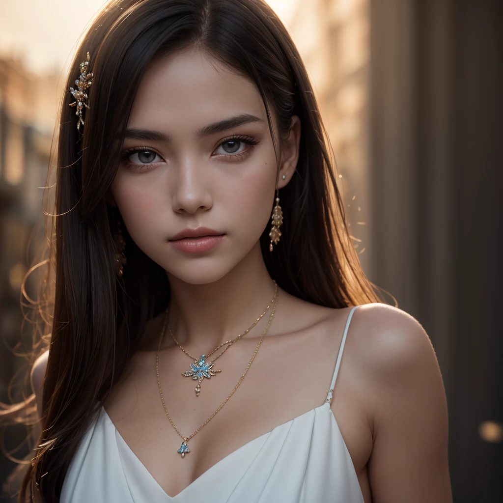 Best quality, masterpiece, high resolution, 1girl, porcelain dress, hair accessories, necklace, jewelry, beautiful face, on the body, Tyndall effect, realistic, dark studio, edge lighting, two-tone lighting, (high detail skin: 1.2), 8k UHD, dslr, soft light, high quality, volumetric light, candid, photo, high resolution, 4k, 8k, background blur,