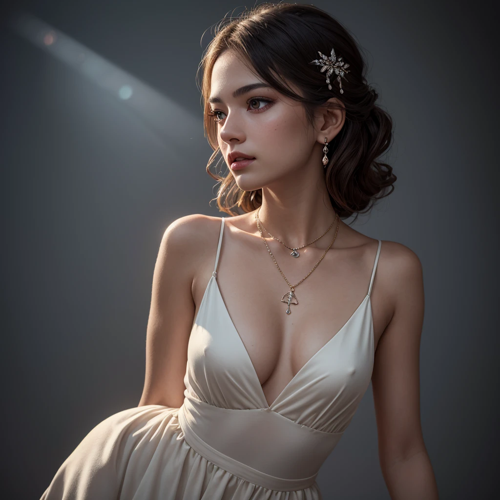 Best quality, masterpiece, high resolution, 1girl, porcelain dress, hair accessories, necklace, jewelry, beautiful face, on the body, Tyndall effect, realistic, dark studio, edge lighting, two-tone lighting, (high detail skin: 1.2), 8k UHD, dslr, soft light, high quality, volumetric light, candid, photo, high resolution, 4k, 8k, background blur,