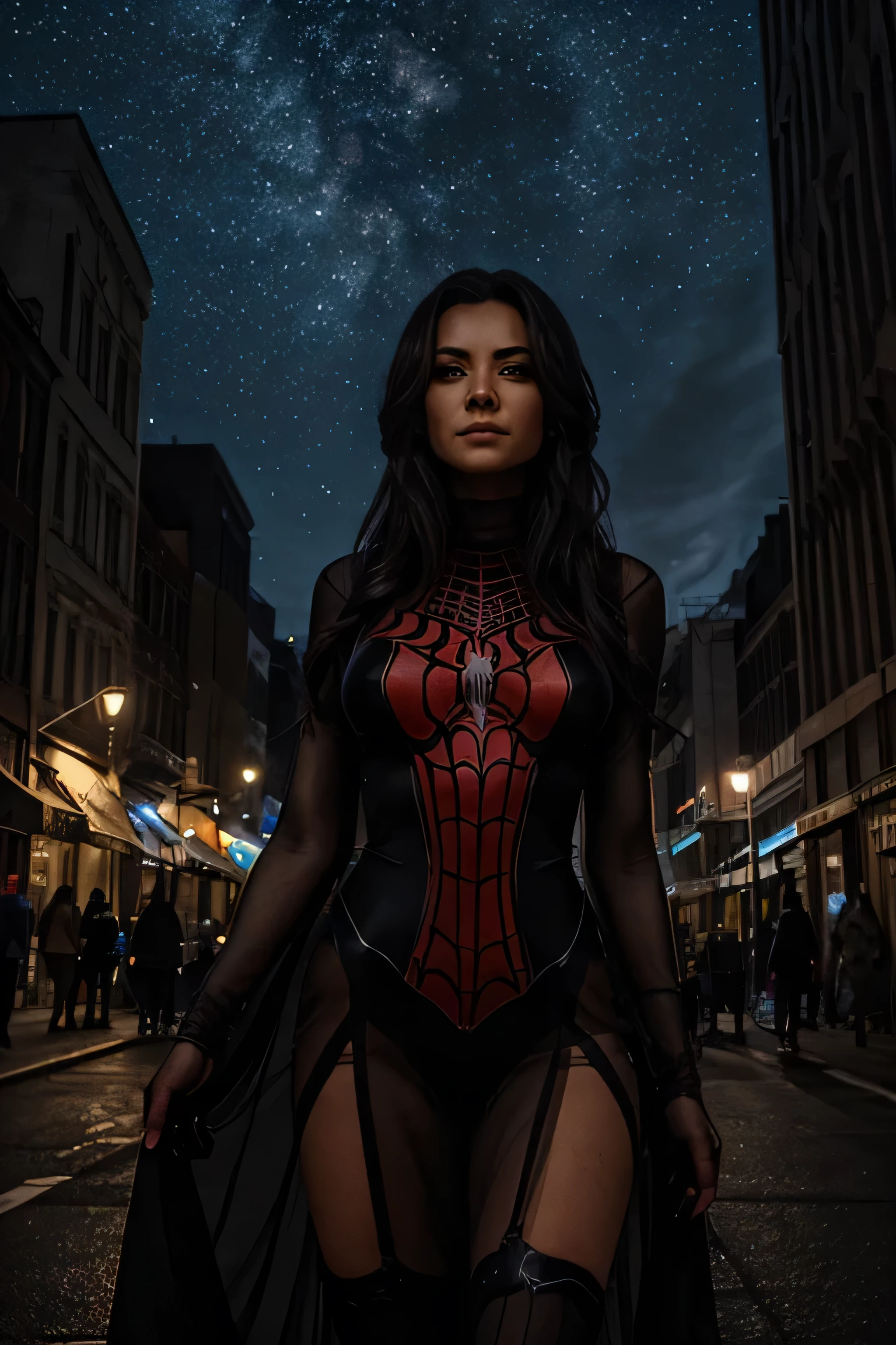 "As night settles on a City, spiders swirl in the dark skies, creating a living canvas above the dark alleys. a beautiful woman dressed is a very sexy transparent deep-low-cut spidergirl dress, shrouded in mystery, prepares to confront an imminent threat looming over the city. Spiders, symbols of his own darkness and commitment to justice, become the spidergirls silent allies in his relentless quest to protect the innocent and bring peace to the shadows of the big city."