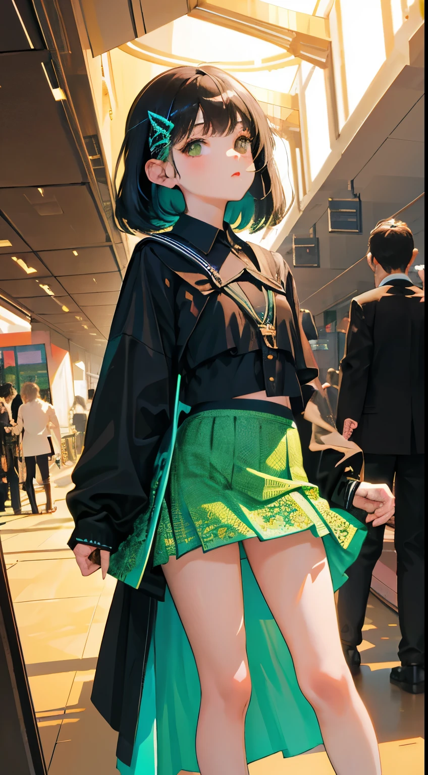 1 Girl, eyes closed, nose, elf ear, eyebrow, smiling, teeth, big green hair, blue hair ends, bangs, hair between eyes, lora:add_detail, short sweatshirt on belly, short skirt, slim waist, belly , big chest, thick legs, big thigh, standing
