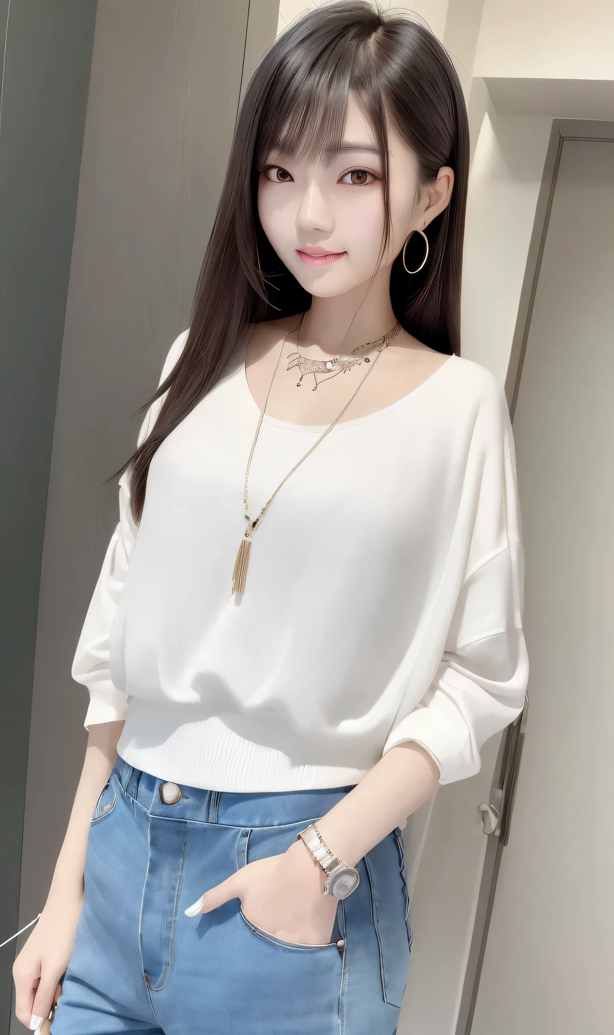 realistic,Super adopted,1 young beautiful korean girl, Distant gaze, ah,Hip-hop style clothing,Round young face,full accesories,necklace,big, clear and gentle eyes,long eyelashes,slim waist,light macup,neat teeth, Slightly Smiled. colored hair, Upper body, (Low - Angle)