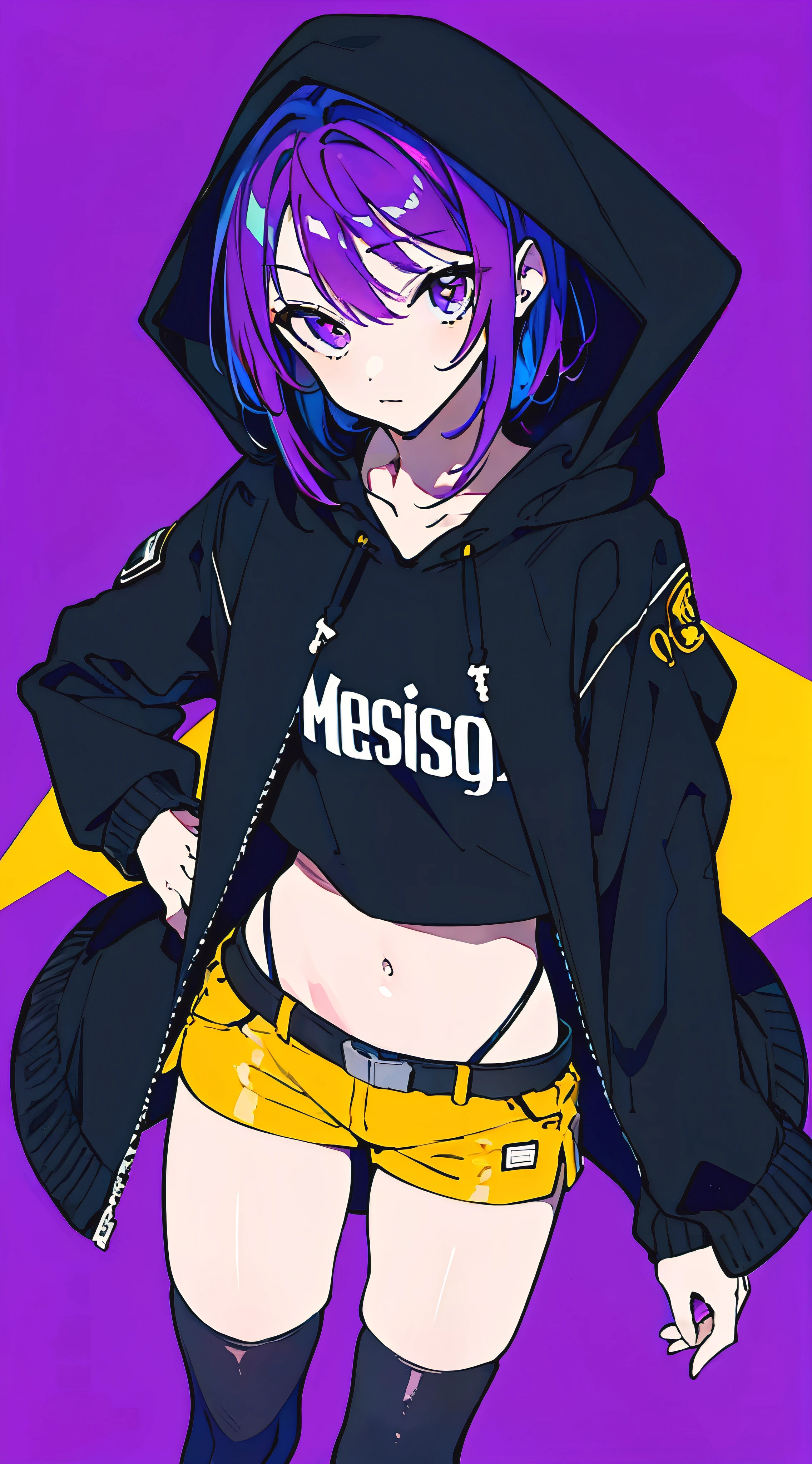 (masterpiece, highest quality:1.6), alone, thick outline, (simple background, bright purple background, monochrome, dark yellow theme:1.2), official art, Key Visual, 8K, confused, whole body, (Unique hair, oversized hoodie, hot pants, arch back, short torso:1.2), belly button, thighs, cowboy shot, HDR, sharp focus, High resolution, most detailed, very detailed, Super detailed, finely, detailed eyes and face, sharp pupils, realistic student