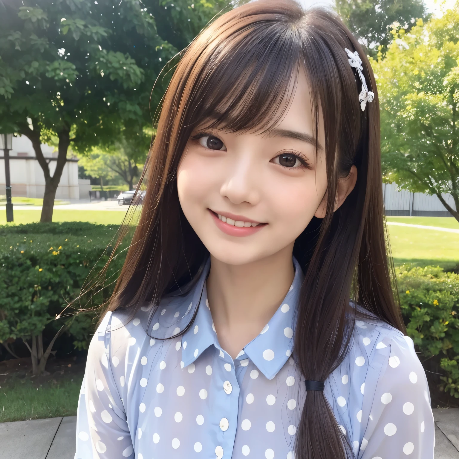 there is a woman with long hair wearing a polka dot shirt, 奈良美智, sakimichan, with small nose, chiho, with accurate face, cute natural anime face, japanese facial features, clear cute face, kawaii realistic portrait, asian face, 8k selfie photograph, soft makeup,smile, Laughing with open mouth