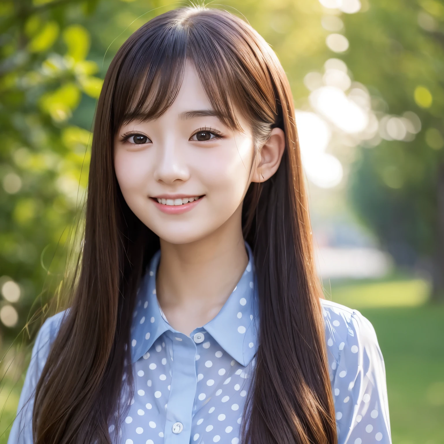 there is a woman with long hair wearing a polka dot shirt, 奈良美智, sakimichan, with small nose, chiho, with accurate face, cute natural anime face, japanese facial features, clear cute face, kawaii realistic portrait, asian face, 8k selfie photograph, soft makeup,smile, Laughing with open mouth