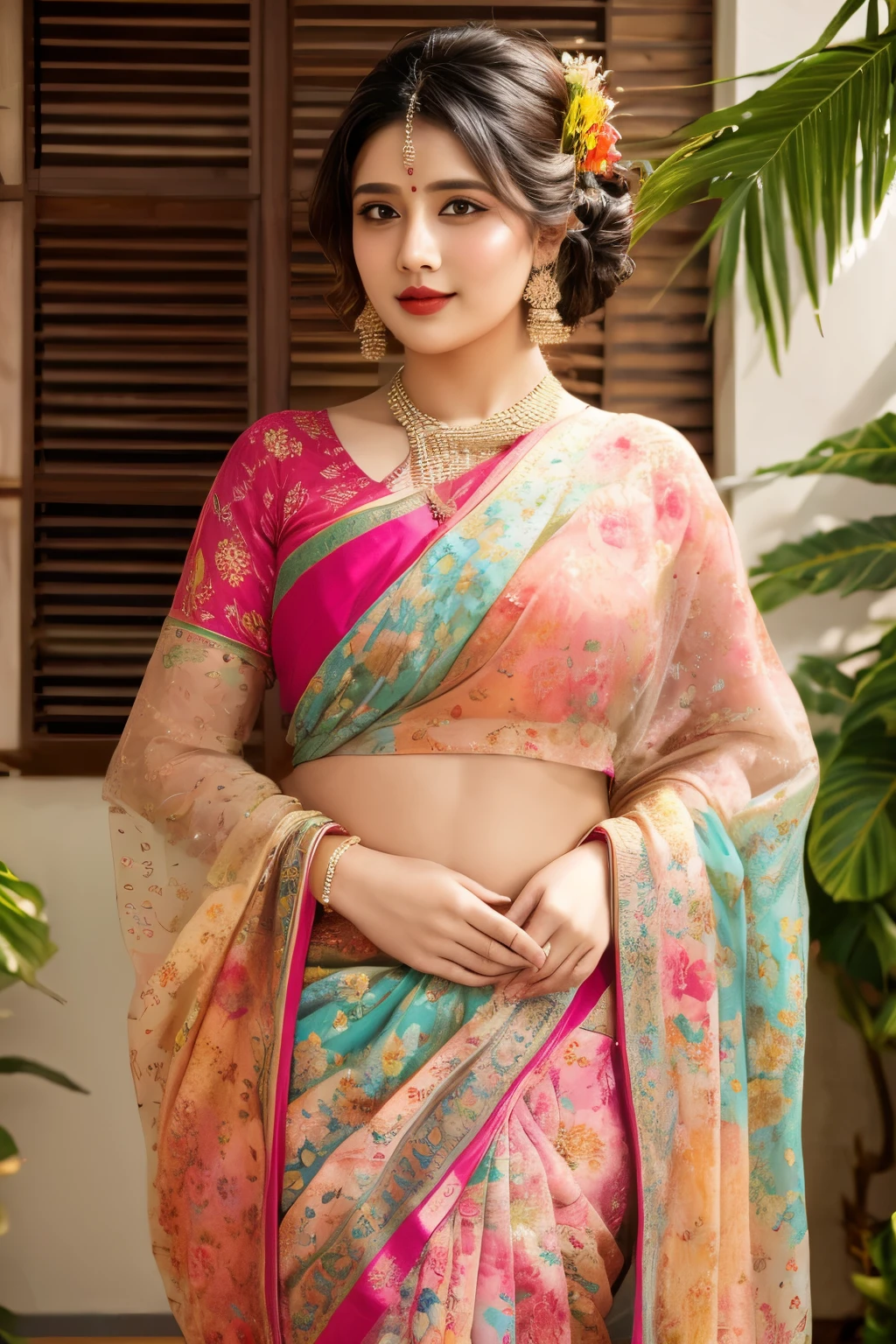 in a colorful floral saree