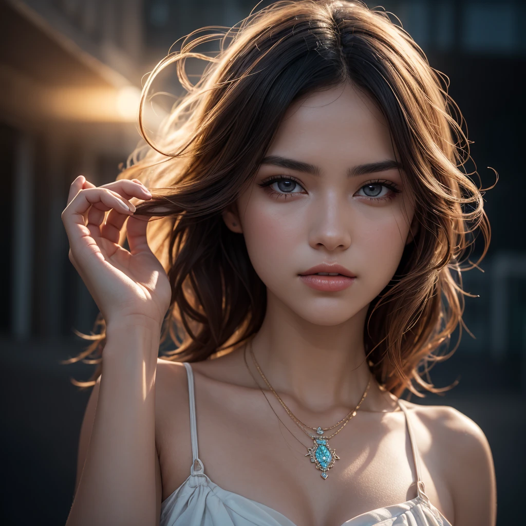 Best quality, masterpiece, high resolution, 1girl, porcelain dress, hair accessories, necklace, jewelry, beautiful face, on the body, Tyndall effect, realistic, dark studio, edge lighting, two-tone lighting, (high detail skin: 1.2), 8k UHD, dslr, soft light, high quality, volumetric light, candid, photo, high resolution, 4k, 8k, background blur,
