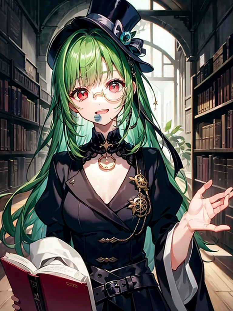 （（（masterpiece、Highest image quality、highest quality、highly detailed unity 8ｋwallpaper）））、（（Illustration of one girl、upper body））、（（（beautiful girl）））、（librarian）、（Emerald green hair、messy hair、sidelocks：1.2、red eyes、crazy smile）、（（（flat chest）））、（（（monocle）））、pocket watch、（（（Black top hat、Black tuxedo、belt）））、great medieval library、Large amount of books