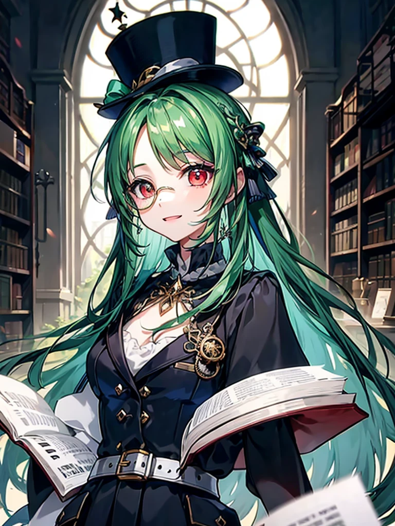 (((masterpiece、Highest image quality、highest quality、highly detailed unity 8kwallpaper)))、((Illustration of one girl、upper body))、(((beautiful girl)))、(librarian)、(Emerald green hair、messy hair、sidelocks:1.2、red eyes、crazy smile)、(((flat chest)))、(((monocle)))、pocket watch、(((Black top hat、Black tuxedo、belt)))、great medieval library、Large amount of books
