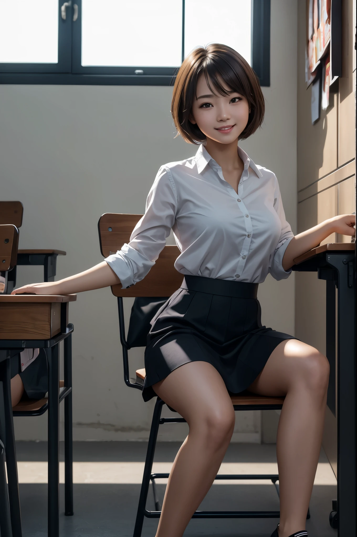 8K,女子高born,学born服,Brown-haired short-haired,Scene during class,Photorealistic RAW photos of the highest quality。Super beautiful(lifelike face) Bright colors、perfect woman image,Trending at Art Station、masterpiece、8K resolution、character art,Super high resolution,,Mr.々pose,Charm,sexy,rich colors, Backlight, cinematic lighting, film grain, born, 50mm lens, Nikon D850,Makeup,smile,machine,Chair,cross your legs,super realistic skin,classroom,School,学born,