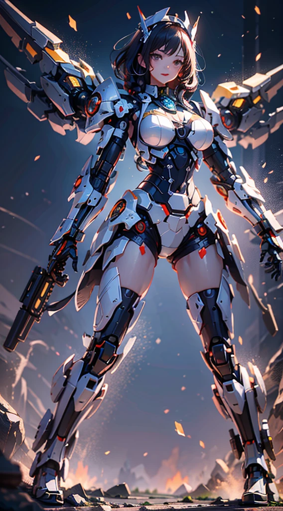 (Best Quality)), ((Masterpiece)), (Very Detailed: 1.3), 3D, Icaru valkirie-mecha, Beautiful cyberpunk woman wearing crown, with master chef style armor, sci-fi technology, HDR (High Dynamic Range), ray tracing, nvidia RTX, super resolution, unreal 5, subsurface scattering, PBR texture, post-processing, anisotropic filtering, depth of field, maximum sharpness and sharpness, multi-layer texture, Specular and albedo mapping, surface shading,  accurate simulation of light-material interactions, perfect proportions, octane rendering, duotone lighting, low ISO, white balance, rule of thirds, wide aperture, 8K RAW, high efficiency subpixels, subpixel convolution, light particles, light scattering, Tyndall effect, very sexy, full body, battle pose, black hair with braids,