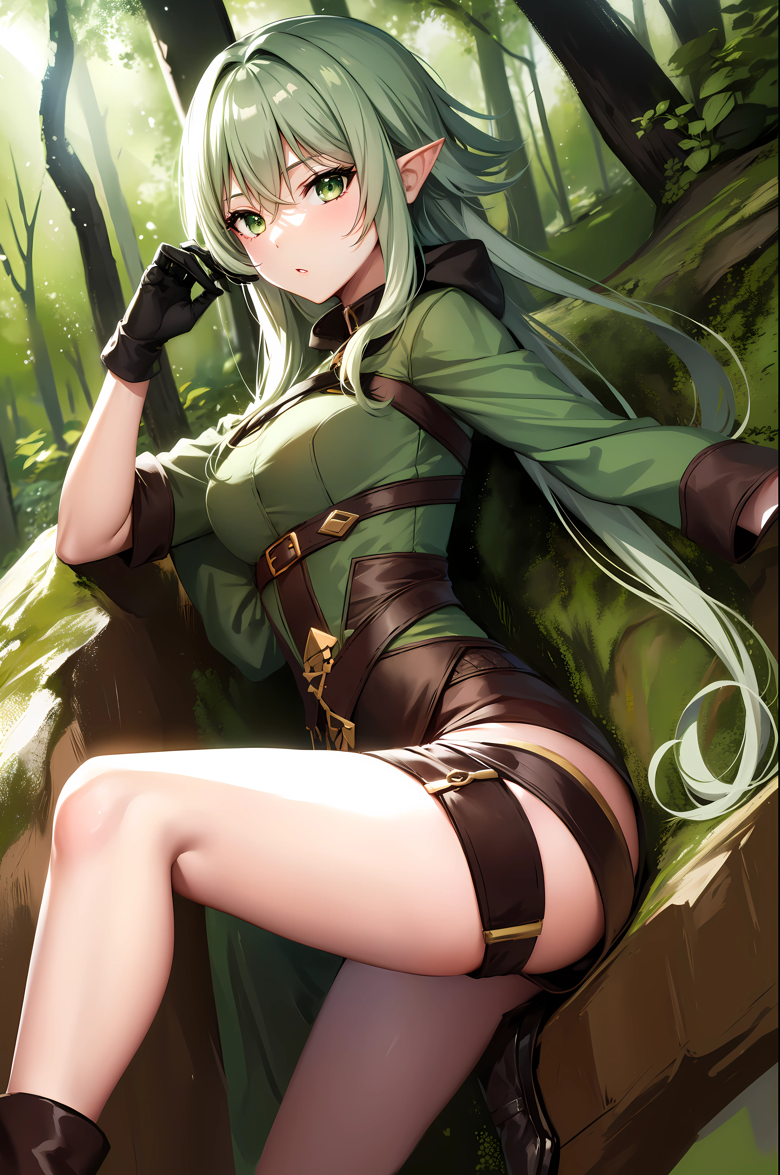 highelfarcher, high elf archer, elf, (green eyes:1.5), Green hair, hair between eyes, long hair, pointy ears, side lock, break asymmetrical clothes, boots, elf, Gloves, green thighs, high heel, shorts, thighs, break looking at viewer, break outdoors, (forest_background:1.3), break (masterpiece:1.2), best quality, high resolution, unity 8k wallpaper, (illustration:0.8), (beautiful and delicate eyes:1.6), very detailed face, perfect lighting, Highly detailed CG, (perfect hands, complete anatomy), (sexy:1.2), (cute_chest), alone, 1 woman