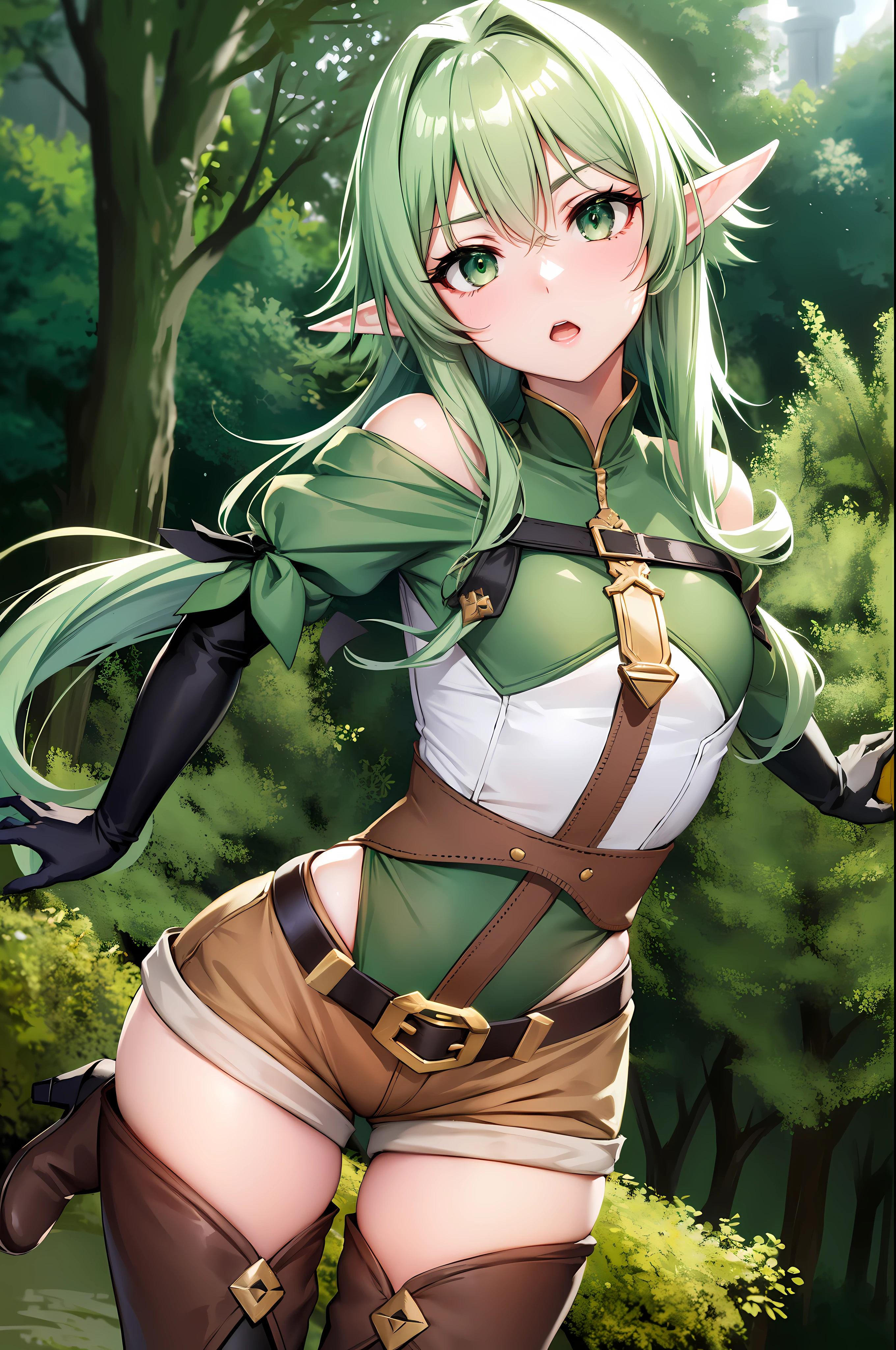 highelfarcher, high elf archer, elf, (green eyes:1.5), Green hair, hair between eyes, long hair, pointy ears, side lock, break asymmetrical clothes, boots, elf, Gloves, green thighs, high heel, shorts, thighs, break looking at viewer, break outdoors, (forest_background:1.3), break (masterpiece:1.2), best quality, high resolution, unity 8k wallpaper, (illustration:0.8), (beautiful and delicate eyes:1.6), very detailed face, perfect lighting, Highly detailed CG, (perfect hands, complete anatomy), (sexy:1.2), (cute_chest), alone, 1 woman