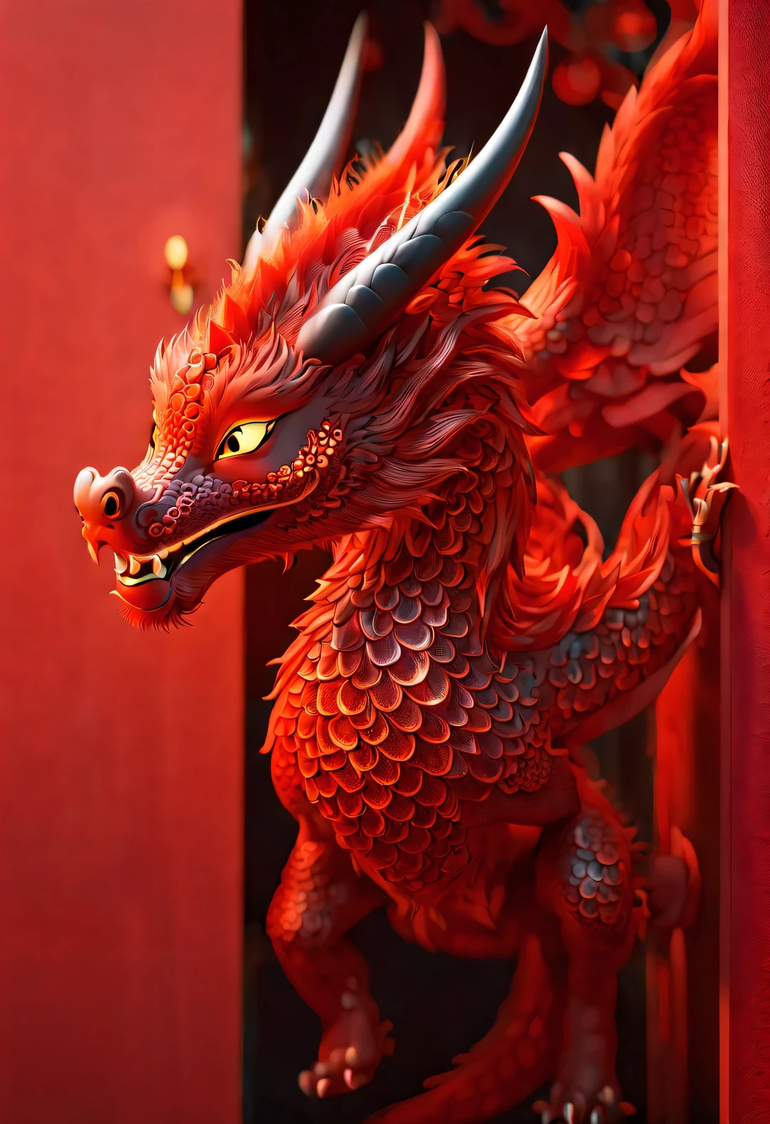 3d rendering, realistic fur, red wallpaper, Simple modern style, beautiful wallpaper. A naughty red-orange zodiac dragon peeks out from behind the door, Make dynamic hidden actions. Beijing, 🦑 design