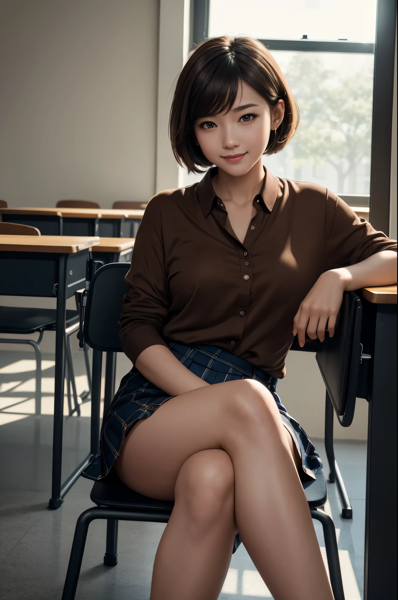 8K,女子高born,学born服,Brown-haired short-haired,Scene during class,Photorealistic RAW photos of the highest quality。Super beautiful(lifelike face) Bright colors、perfect woman image,Trending at Art Station、masterpiece、8K resolution、character art,Super high resolution,,Mr.々pose,Charm,sexy,rich colors, Backlight, cinematic lighting, film grain, born, 50mm lens, Nikon D850,Makeup,smile,machine,Chair,cross your legs,super realistic skin,classroom,School,学born,gal,