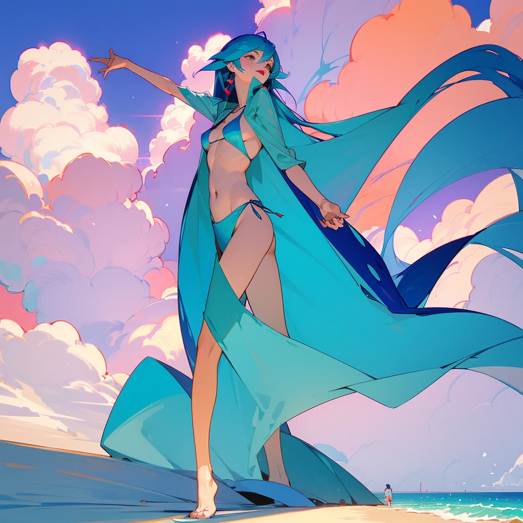 A woman with long cyan-blue hair is walking on the beach, looking back and reaching out for you to join her. She's dressed in a tropical-colored swimsuit cover-up and bikini, sporting red lipstick and a slight blush. The weather and lighting are serene, with a clear sky and small clouds above