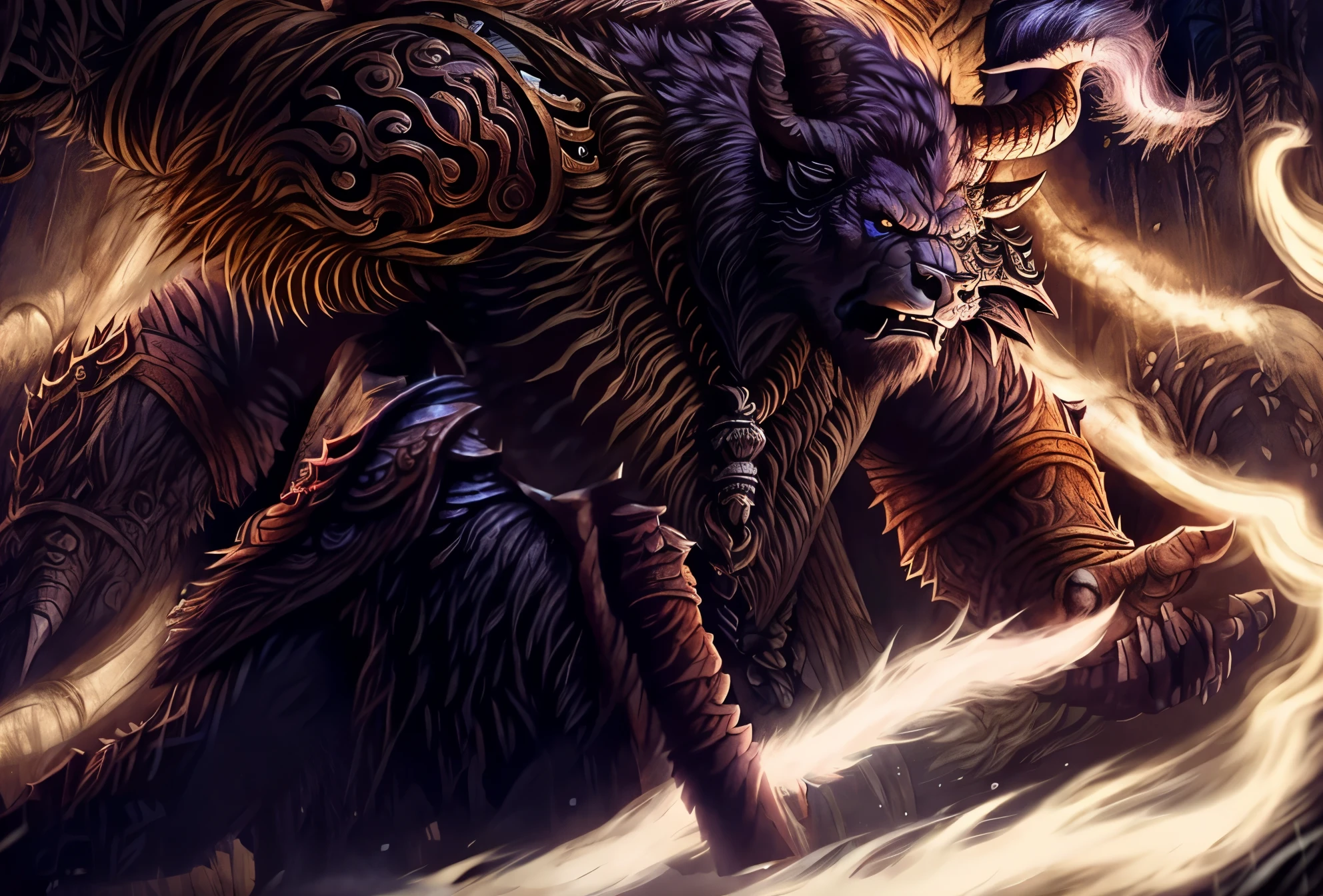 fur-clad barbarian goliath, rpg artwork, amazingly detailed d & art, a minotaur wolf, RPG Rulebook Illustration, berserk style, dungeons&ドラゴンズfantasy art, bugbear, from pathfinder, surreal d & fantasy art, raging bugbear, Giant fantasy creatures