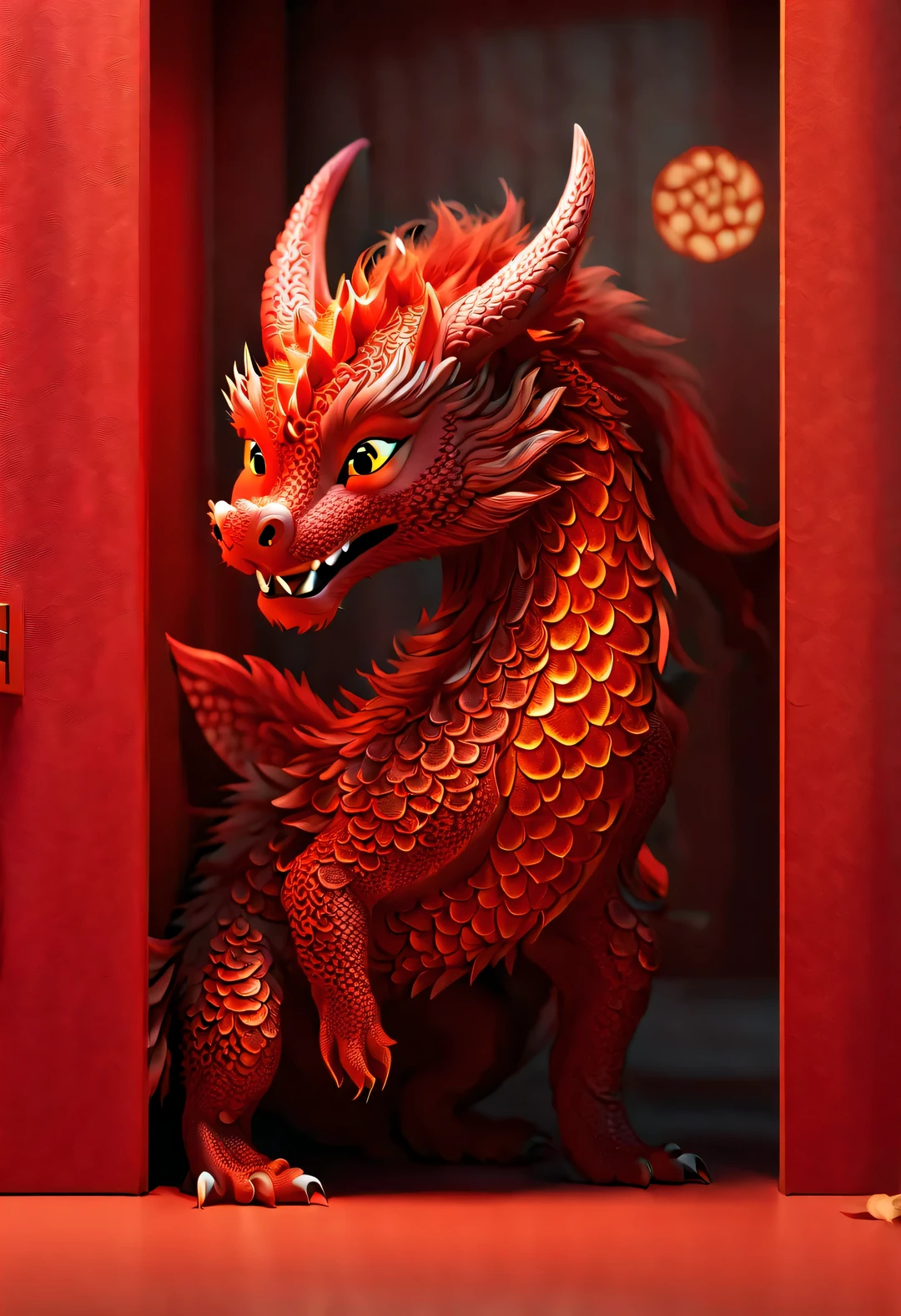 3d rendering, realistic fur, red wallpaper, Simple modern style, beautiful wallpaper. A naughty red-orange zodiac dragon baby peeks out from behind the door, Make dynamic hidden actions. Beijing, 🦑 design