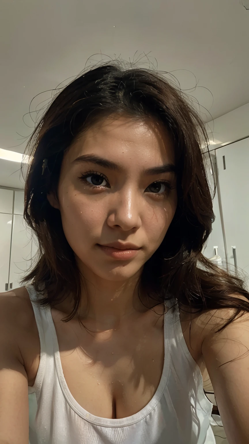 30 years old Hong Kong beautiful woman in room, sportwear, Camel toe, hyper realistic, realistic skin tone, realistic skin texture, symmetric face, asian pale skin tone, super wide angle photo, closeup selfie from down below, very low contrast photo, black long hair
