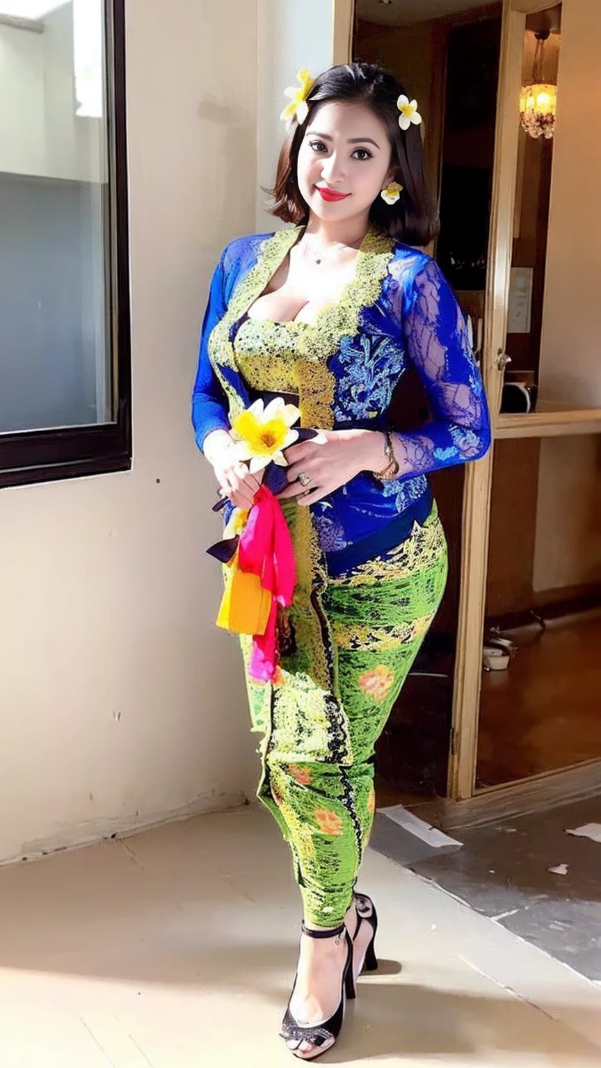 (8k, RAW photo, best quality, masterpiece:1.2),woman, ((portrait of woman wearing ((blue_kebaya_bali)) in traditional black long kebaya)), red lipstick, gold necklace, earrings, decoration, detail, flowers, blurred background, soft focus,SFW:1.3),(Full Body:1.7),(cute face:1.3),(big breasts:1.5),(high heels:1.3),(big hips1.4), (big thighs:1.3),(covered breasts:1.3),(bust cleavage:1.1),(lipgloss:1.3),(Cute eyes:1.3),(Red lips:1.3),(Smooth skin texture:1.3),( Precise and perfect human anatomy: 1.3),(Beautiful and perfect facial features: 1.3), (Long eyelashes: 1.3),(Red lips: 1.3),(Shiny and textured lips: 1.3),(Smooth skin texture: 1.3),(earrings: 1.3),(Beautiful detailed eyes: 1.3),(Natural Color Lips: 1.3),(Beautiful face: 1.3),(look straight into the camera:1.3),((kebaya_bali,green_kebaya_bali,orange_kebaya_bali,blue_kebaya_bali,blue_kebaya_bali,black_kebaya_bali,white_kebaya_bali,yellow_kebaya_bali,white flower,black flower))