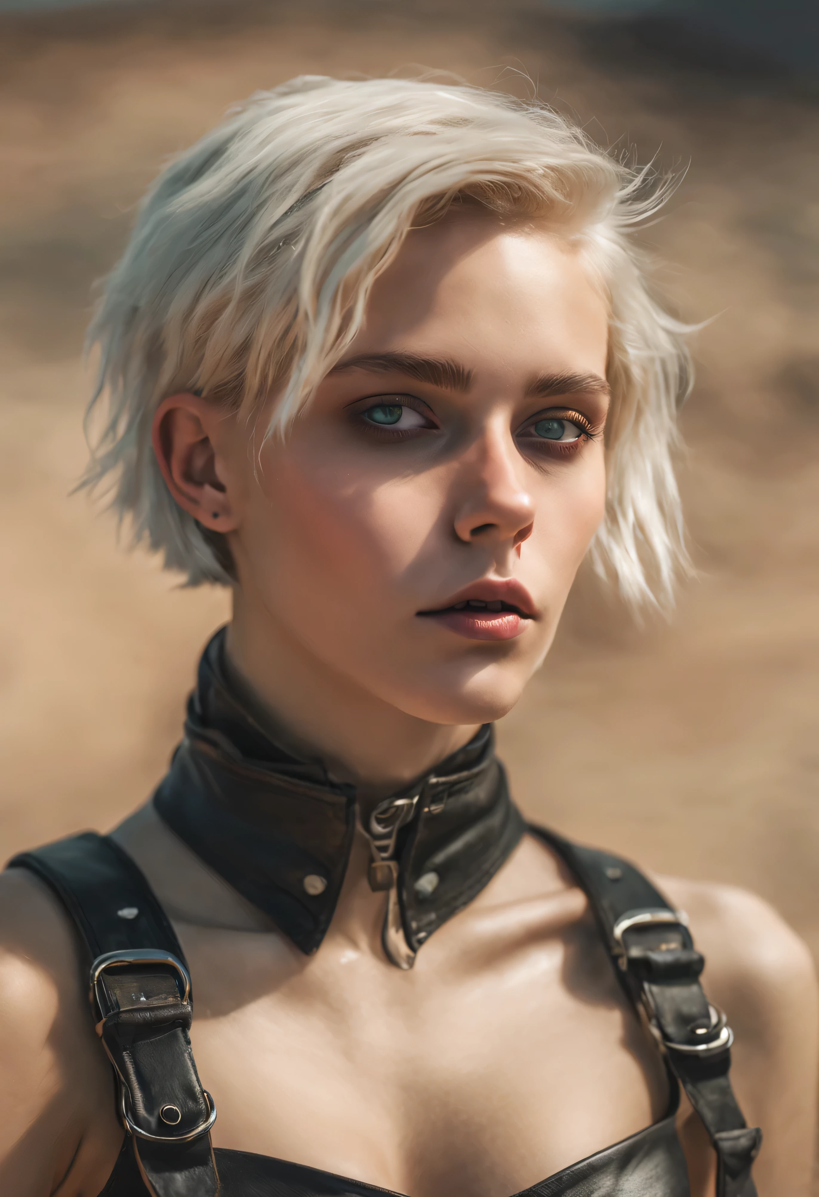 A young zombie girl, lying on its back in an apocalyptic wasteland, facing the viewer, Sehr kurzer, platinblonder Undercut-Haarschnitt, Strong, artikulierte Tannenlinien, volle, slightly smiling lips, stupsige Nase. leuchtend blaue Augen. thin eyebrows, winzige Brust, Beine spreizen, freundlich, Offen getragene und zerrissene schwarze Lederweste, Zerrissener, kurzer, abgeschnittener schwarzer Lederrock, sehr kurze dunkle Socken, kein BH oder Hemd, feines schwarzes Lederhalsband