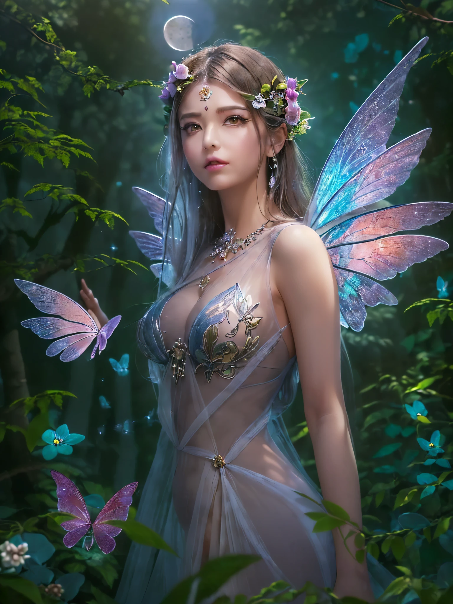 ((highest quality)),(ultra high resolution),(Super detailed),(detailed description),((best CG)),(best work of art),super precision art,great drawing art,(Fantasy art with precise details:1.5), (one female fairy:1.5),,Beautiful face 1.5,natural makeup:1.6,((transparent wings:1.6)),((offer a prayer:1.6), (((moonlit night in the forest:1.6))),((clear spring:1.6)), Floating rainbow glitter:1.8