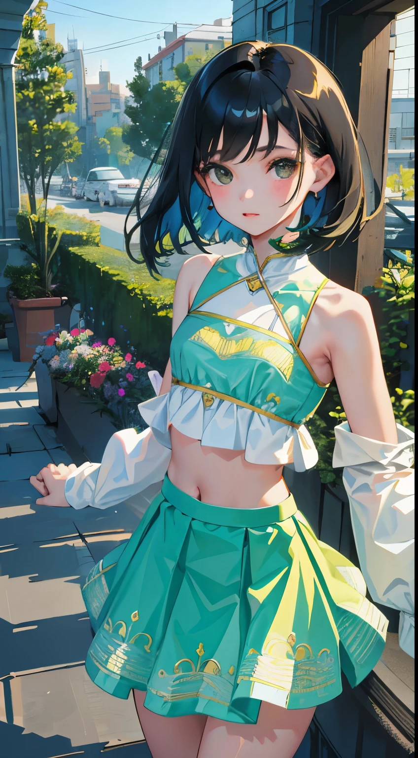 ((masterpiece) (((((Highest quality))))((high resolution))))), Very detailed, Ultra-realistic, )、、、City、building、、(、Embarrassed face、、、From below、((Low - Angle))、、garden、、Cowboy Shot、bluepanties))、()Leg spread、、Blue Bra、squat、Green Hair、Small breasts.Short Hair