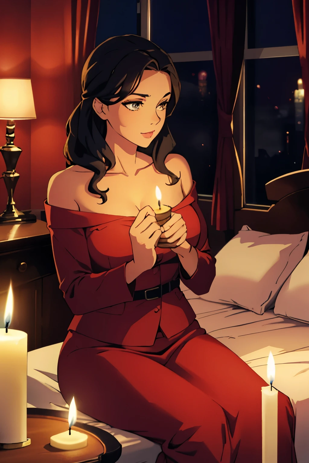 Asian woman in a bedroom, standing, wearing a long red satin nightgown, showing her cleavage, in full view, masterpiece quality in high detail
