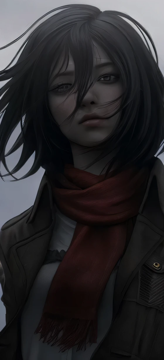 girl with short black hair and red scarf