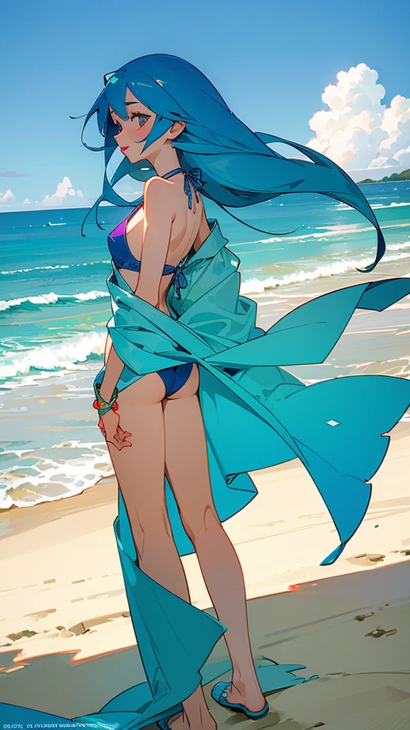 A woman with long cyan-blue hair is walking on the beach, looking back and reaching out for you to join her. She's dressed in a tropical-colored swimsuit cover-up and bikini, sporting red lipstick and a slight blush. The weather and lighting are serene, with a clear sky and small clouds above